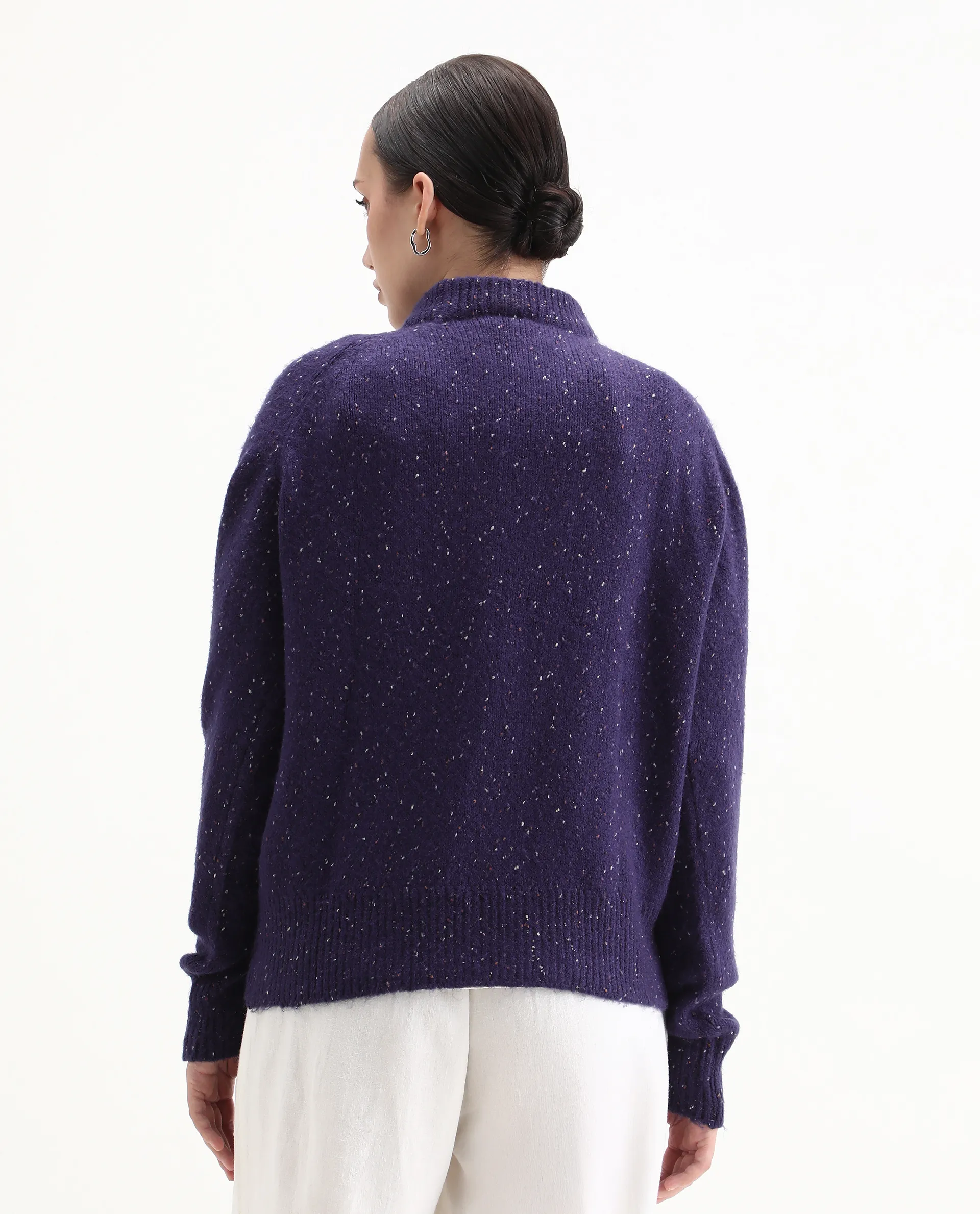 Rareism Women's Tinzol Dark Purple Acrylic Blend Crew Neck Relaxed Fit Sweater - Image 7