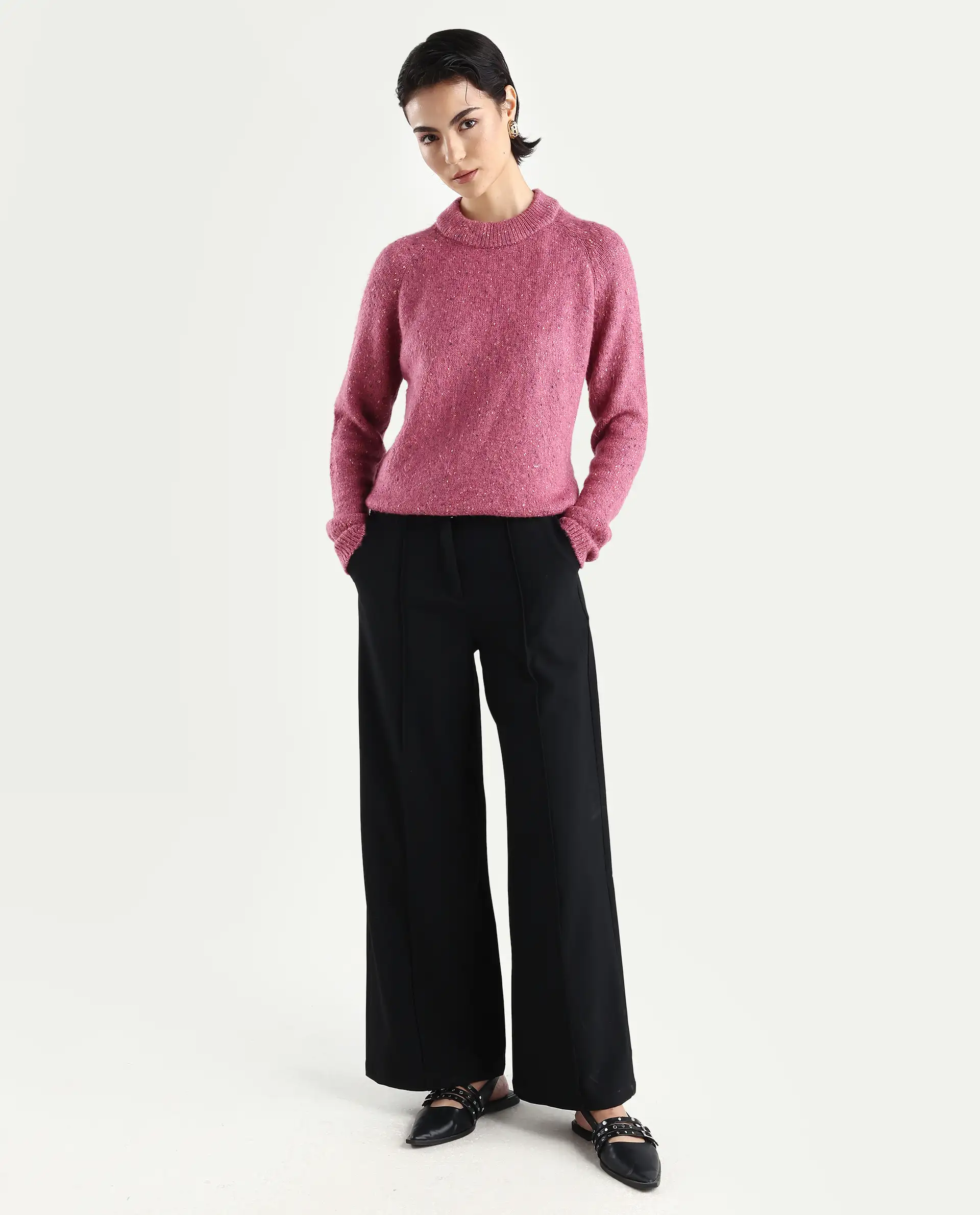 Rareism Women's Tinzol Light Pink Acrylic Blend Crew Neck Relaxed Fit Plain Sweater - Image 2