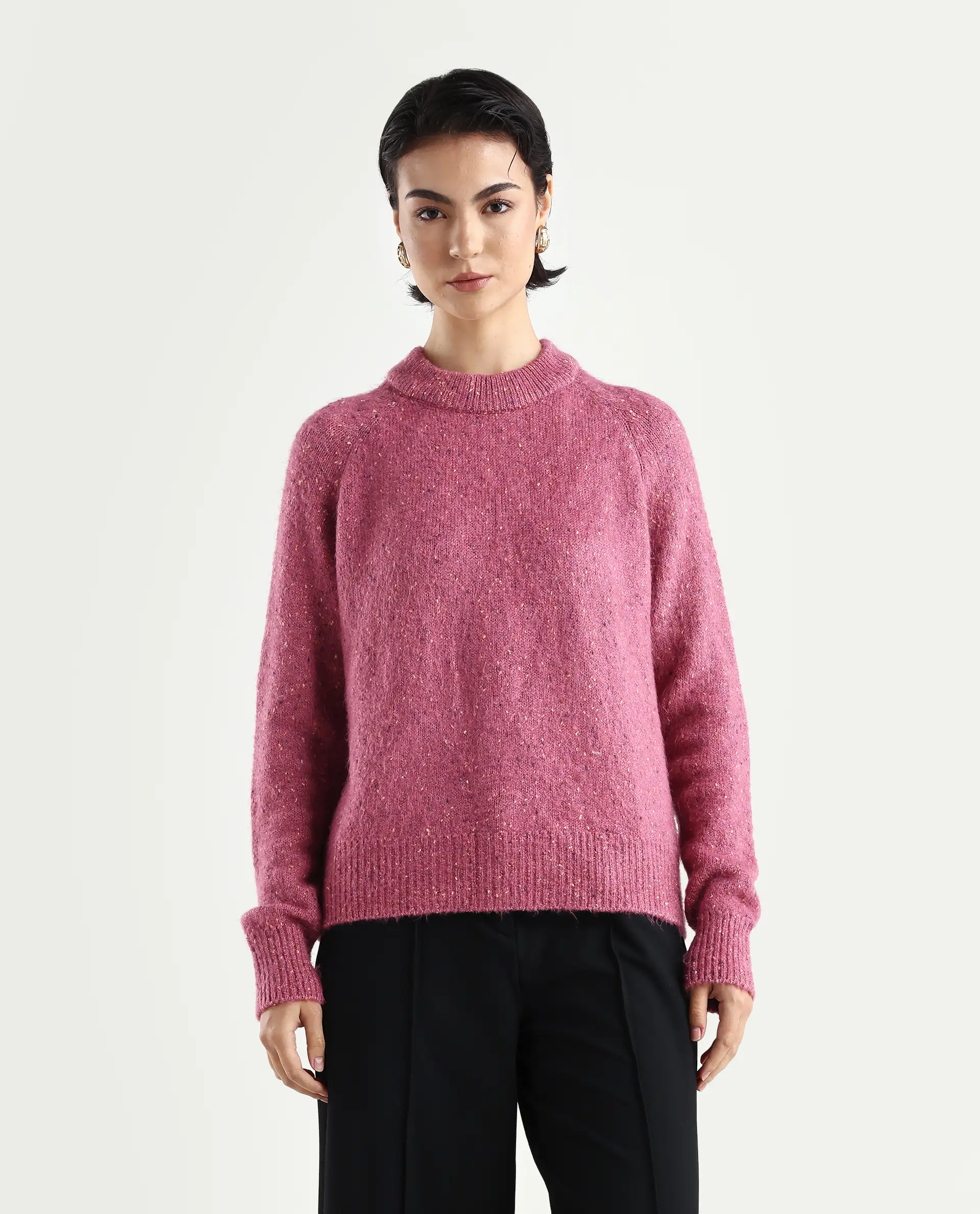 Rareism Women's Tinzol Light Pink Acrylic Blend Crew Neck Relaxed Fit Plain Sweater - Image 3