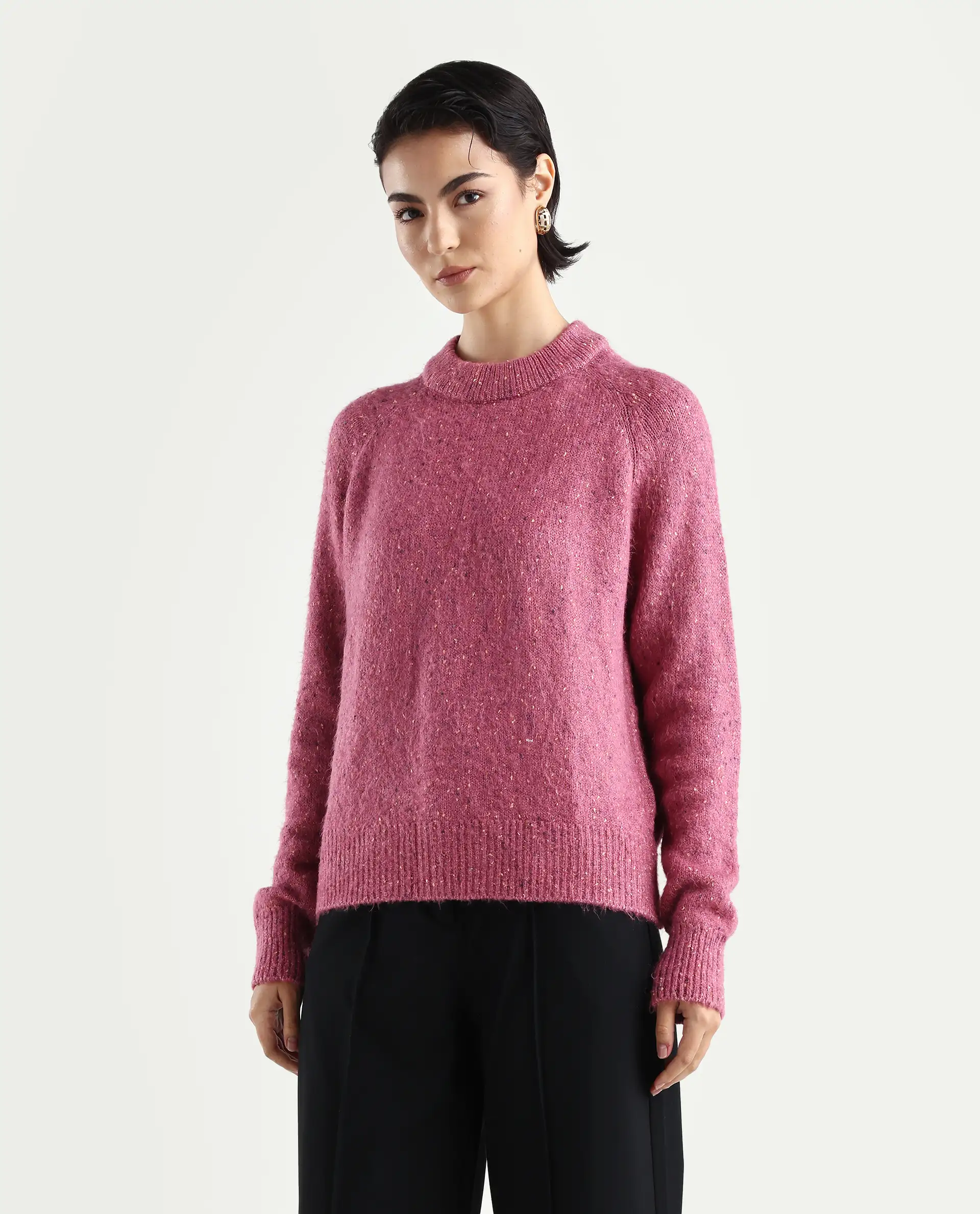 Rareism Women's Tinzol Light Pink Acrylic Blend Crew Neck Relaxed Fit Plain Sweater - Image 5