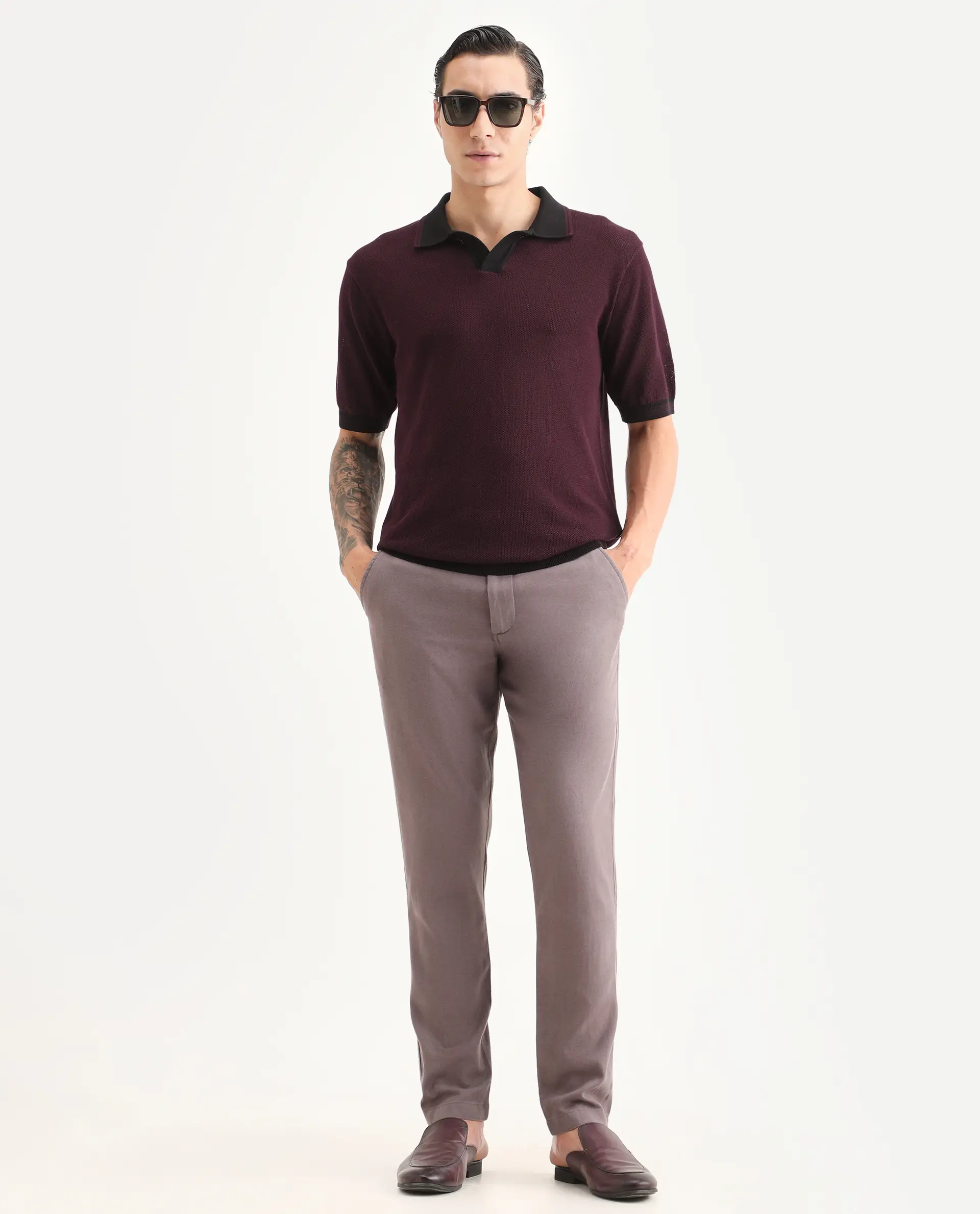 Rare Rabbit Men's Tipo Pastel Maroon Cotton Fabric Half Sleeve Regular Fit Textured Polo - Image 2