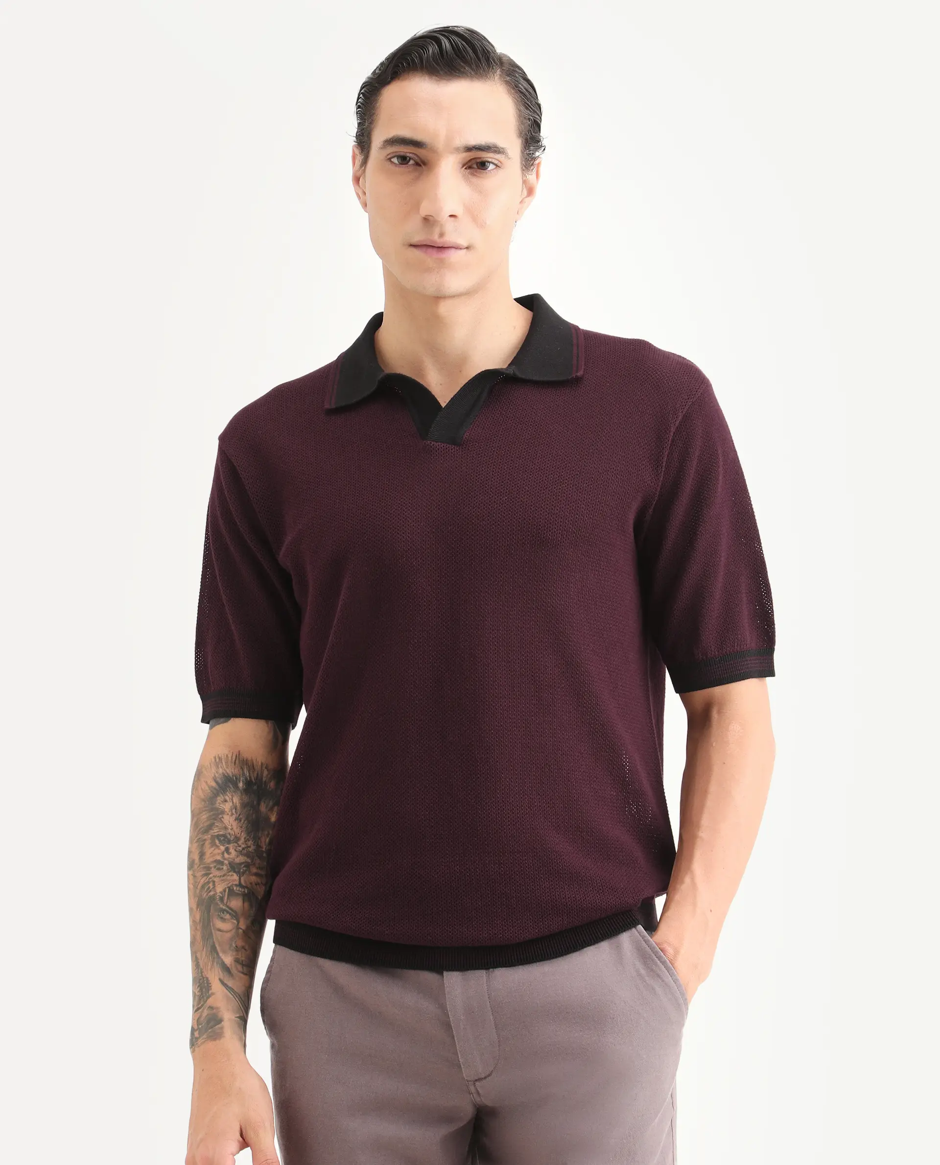 Rare Rabbit Men's Tipo Pastel Maroon Cotton Fabric Half Sleeve Regular Fit Textured Polo - Image 4