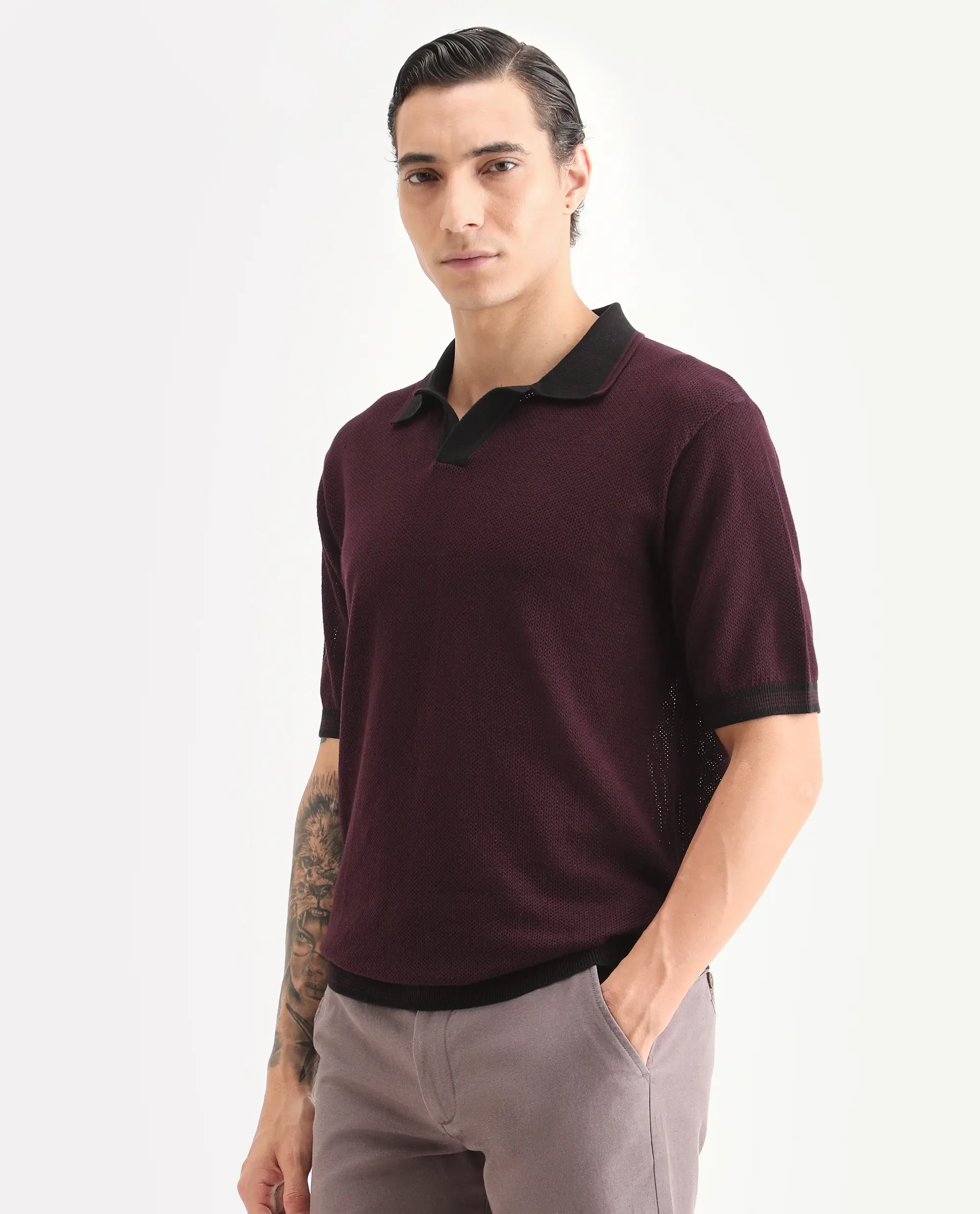 Rare Rabbit Men's Tipo Pastel Maroon Cotton Fabric Half Sleeve Regular Fit Textured Polo - Image 5