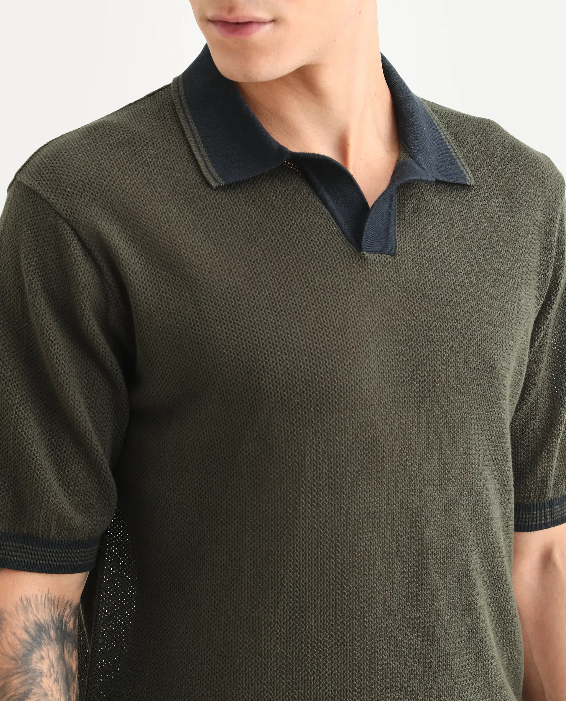 Rare Rabbit Men's Tipo Pastel Olive Cotton Fabric Half Sleeve Regular Fit Textured Polo - Image 3