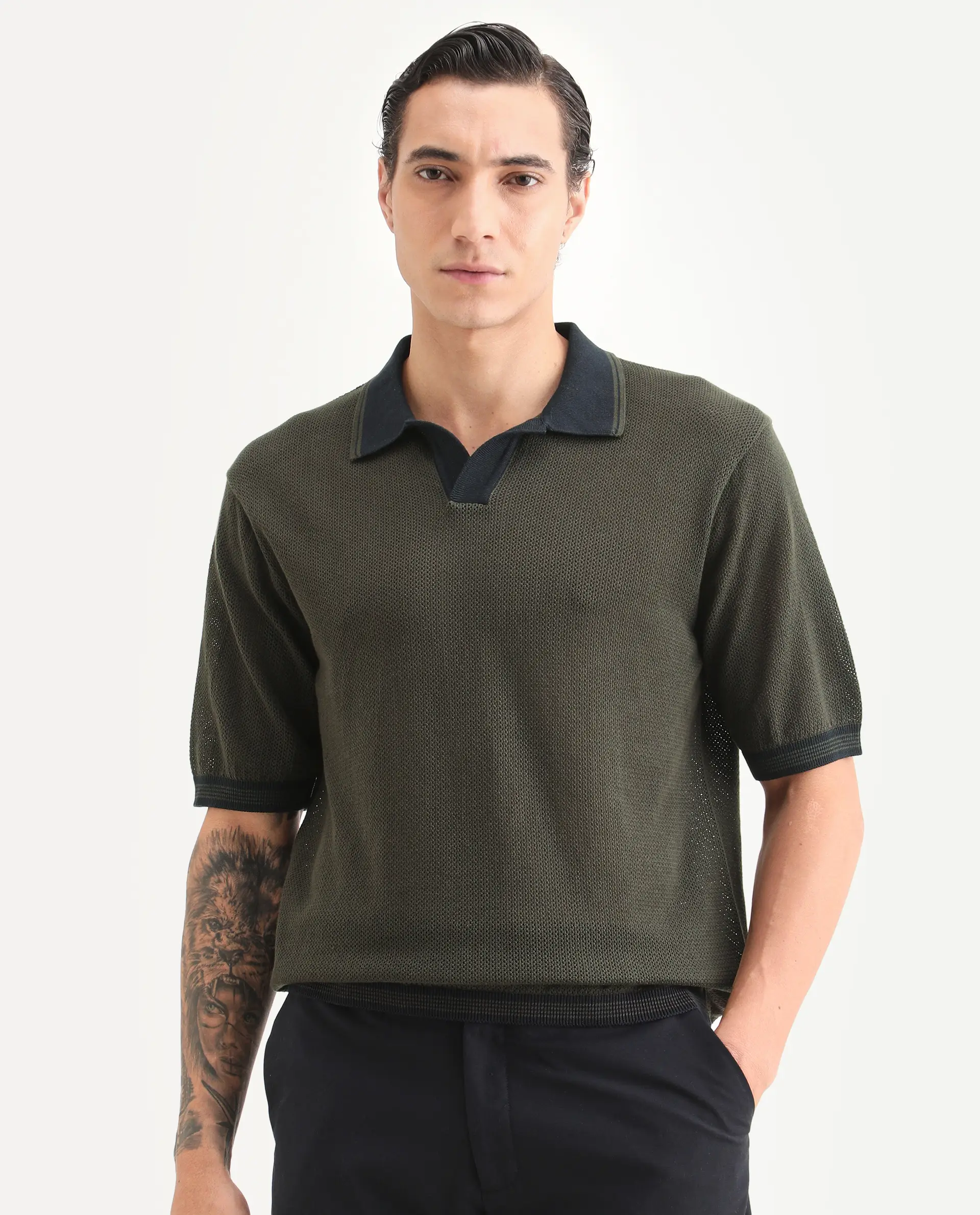 Rare Rabbit Men's Tipo Pastel Olive Cotton Fabric Half Sleeve Regular Fit Textured Polo - Image 4