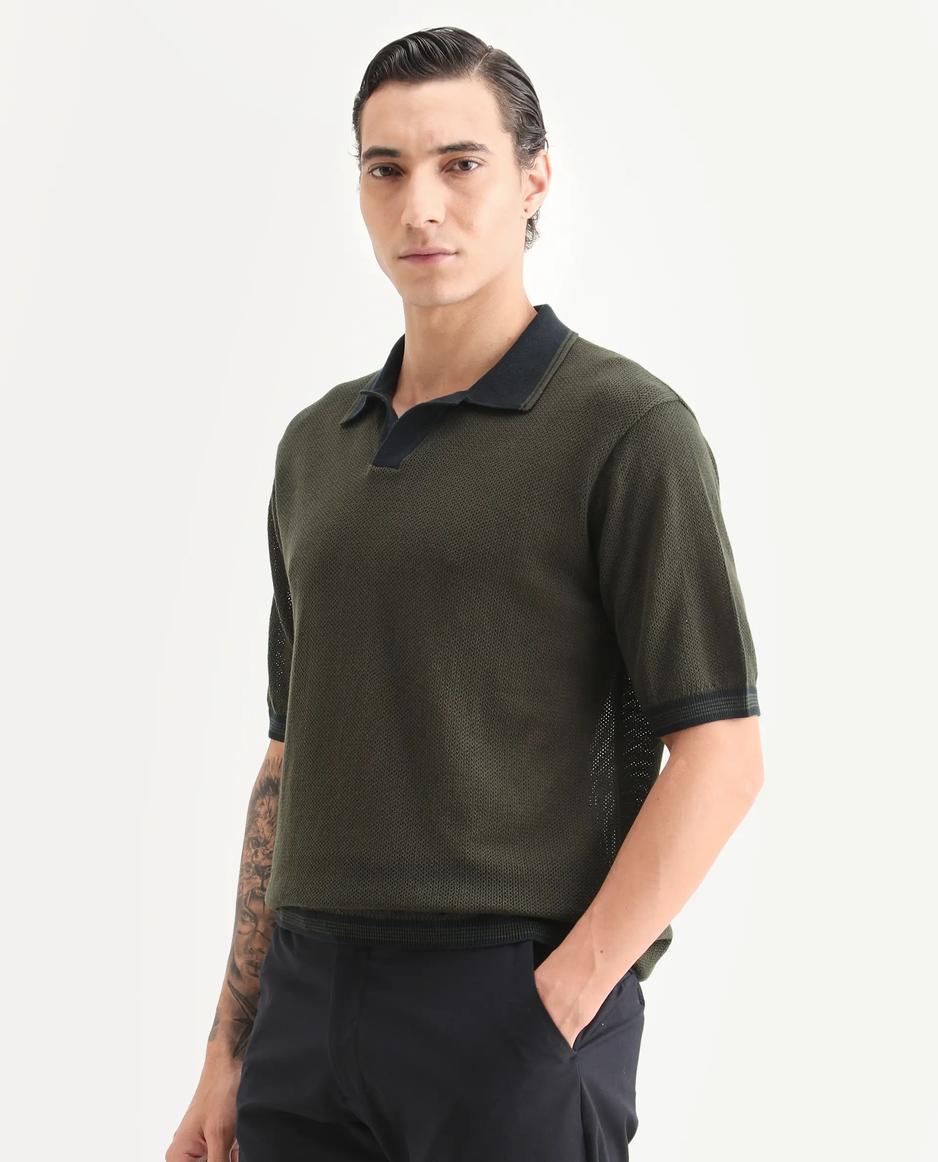 Rare Rabbit Men's Tipo Pastel Olive Cotton Fabric Half Sleeve Regular Fit Textured Polo - Image 5