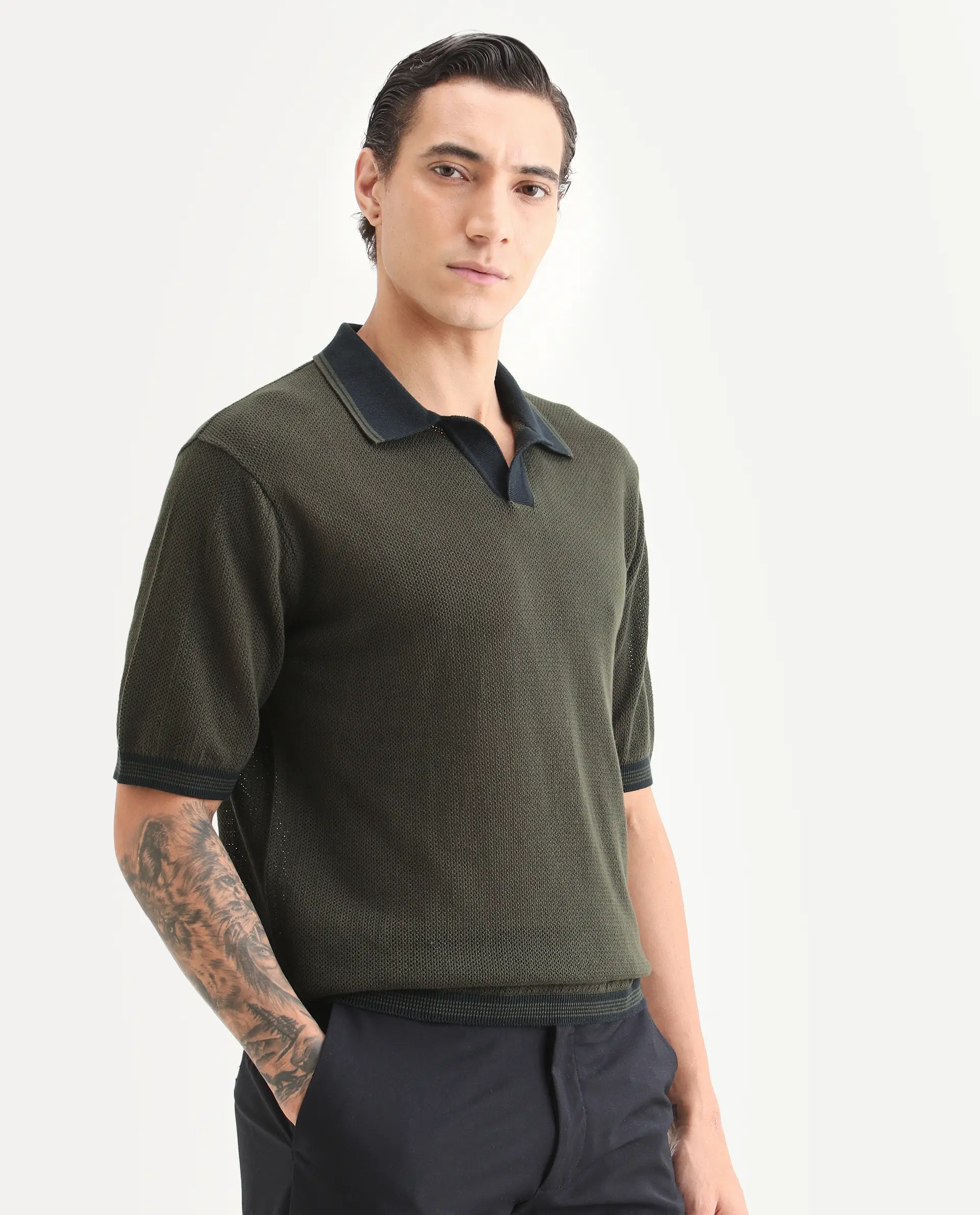 Rare Rabbit Men's Tipo Pastel Olive Cotton Fabric Half Sleeve Regular Fit Textured Polo - Image 6