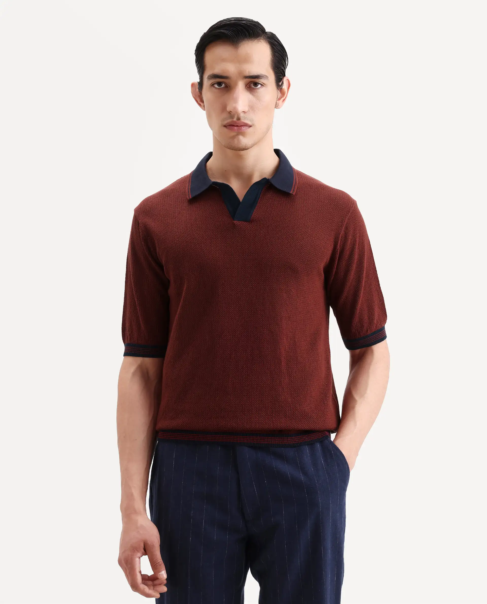 Rare Rabbit Men's Tipo Pastel Rust Cotton Fabric Half Sleeve Regular Fit Textured Polo - Image 3