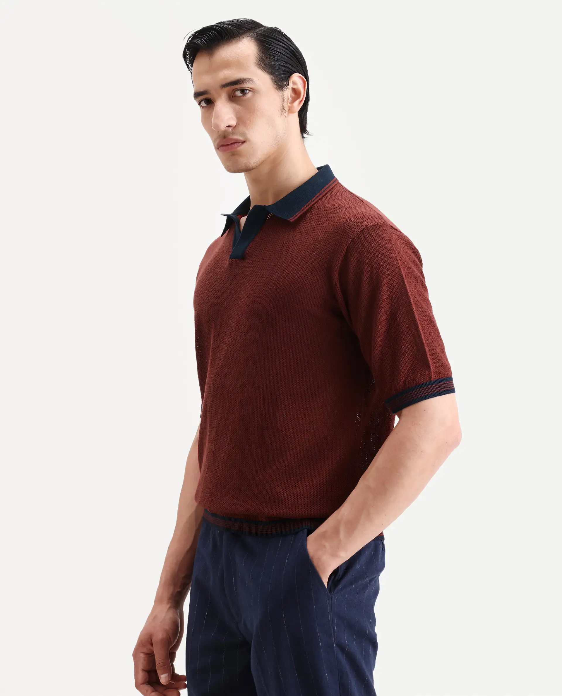 Rare Rabbit Men's Tipo Pastel Rust Cotton Fabric Half Sleeve Regular Fit Textured Polo - Image 5