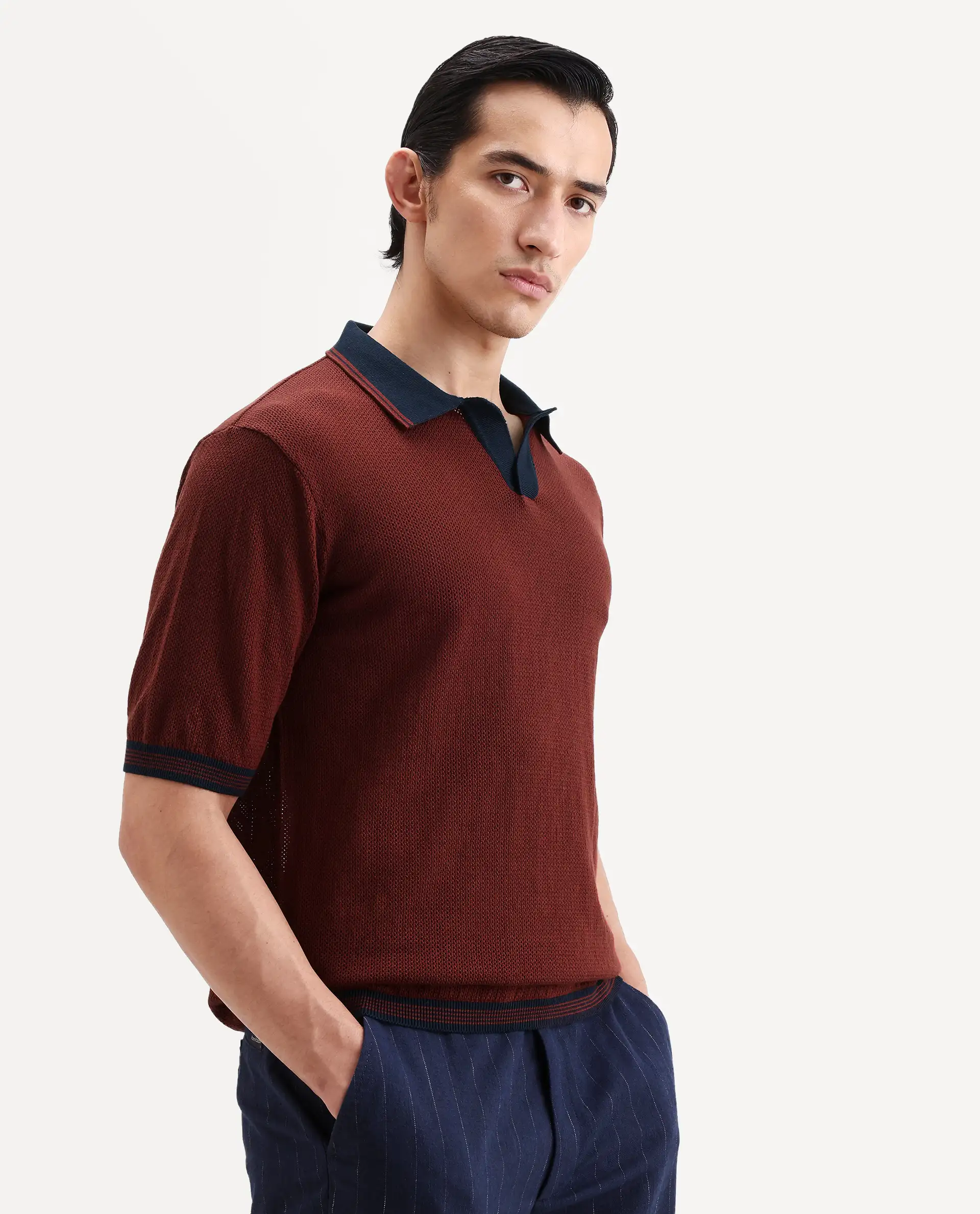 Rare Rabbit Men's Tipo Pastel Rust Cotton Fabric Half Sleeve Regular Fit Textured Polo - Image 6