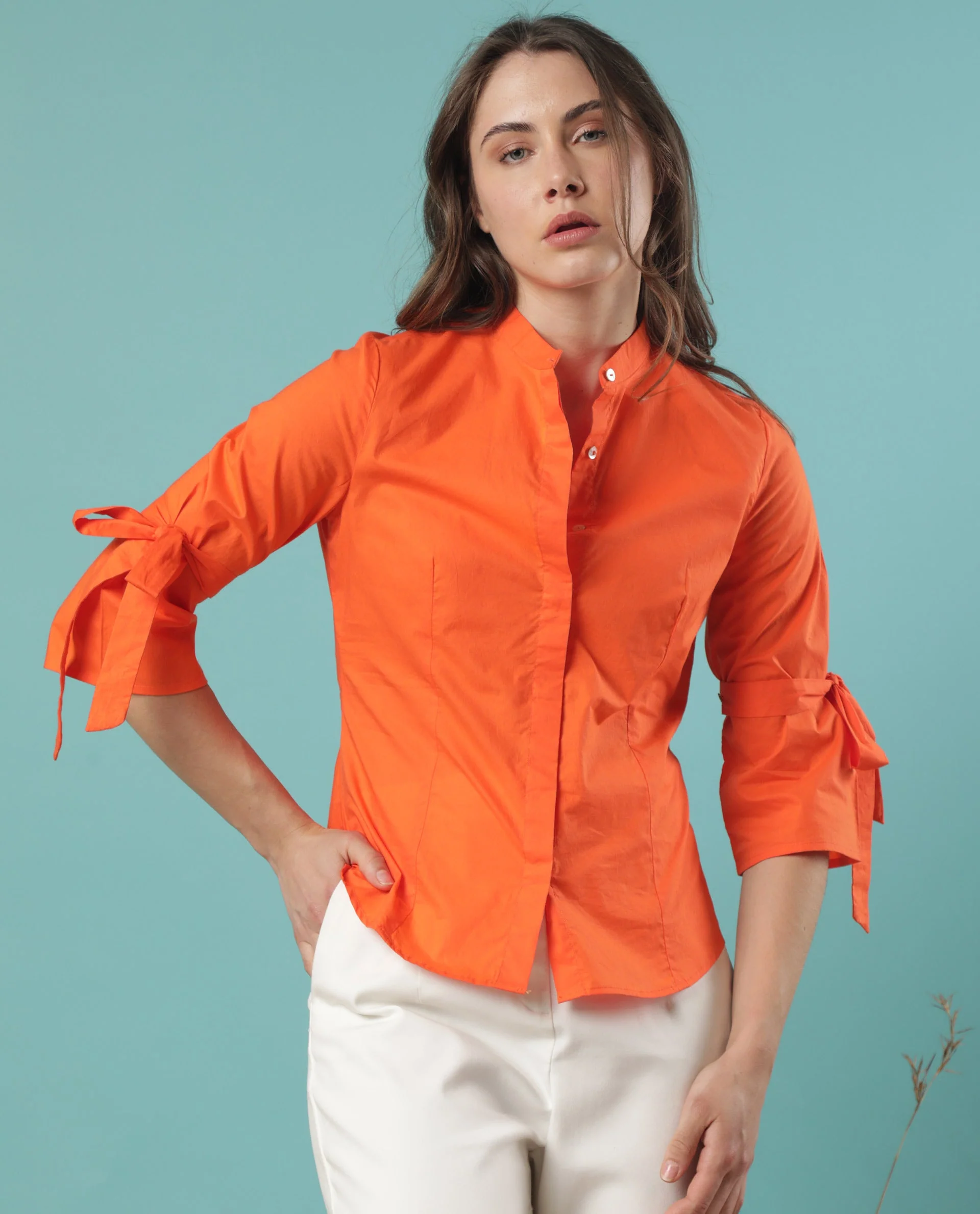 Rareism Women's Tips Orange Cotton Mandarin Collar Plain Regular Fit Top