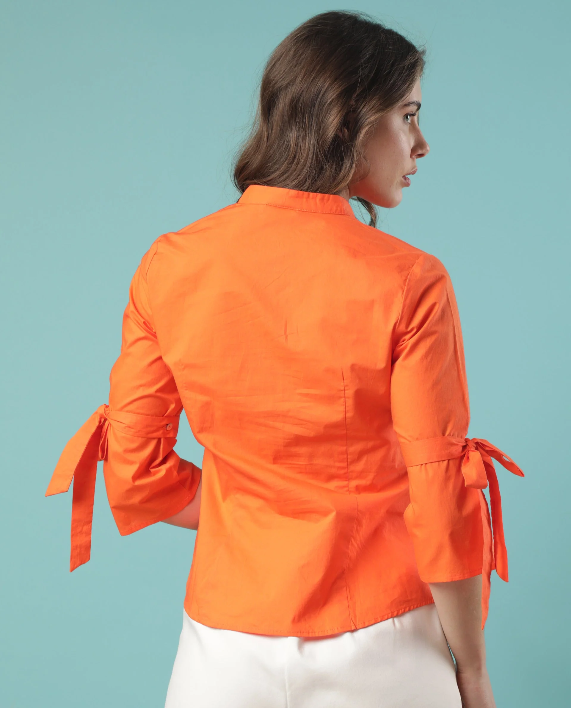 Rareism Women's Tips Orange Cotton Mandarin Collar Plain Regular Fit Top - Image 10