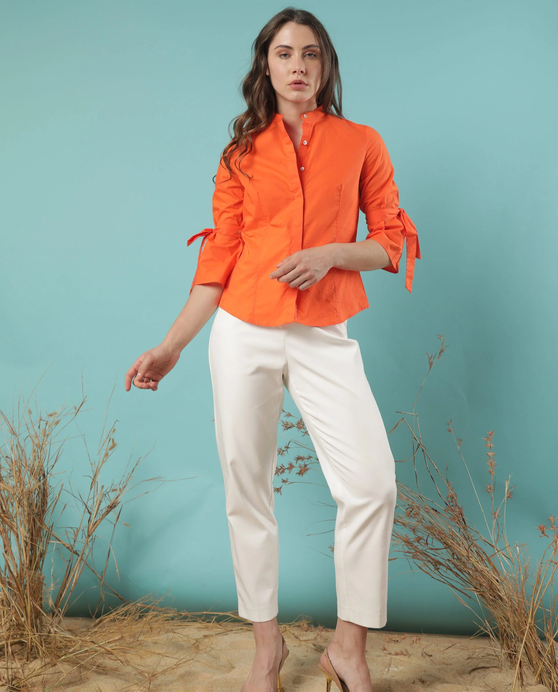 Rareism Women's Tips Orange Cotton Mandarin Collar Plain Regular Fit Top - Image 2