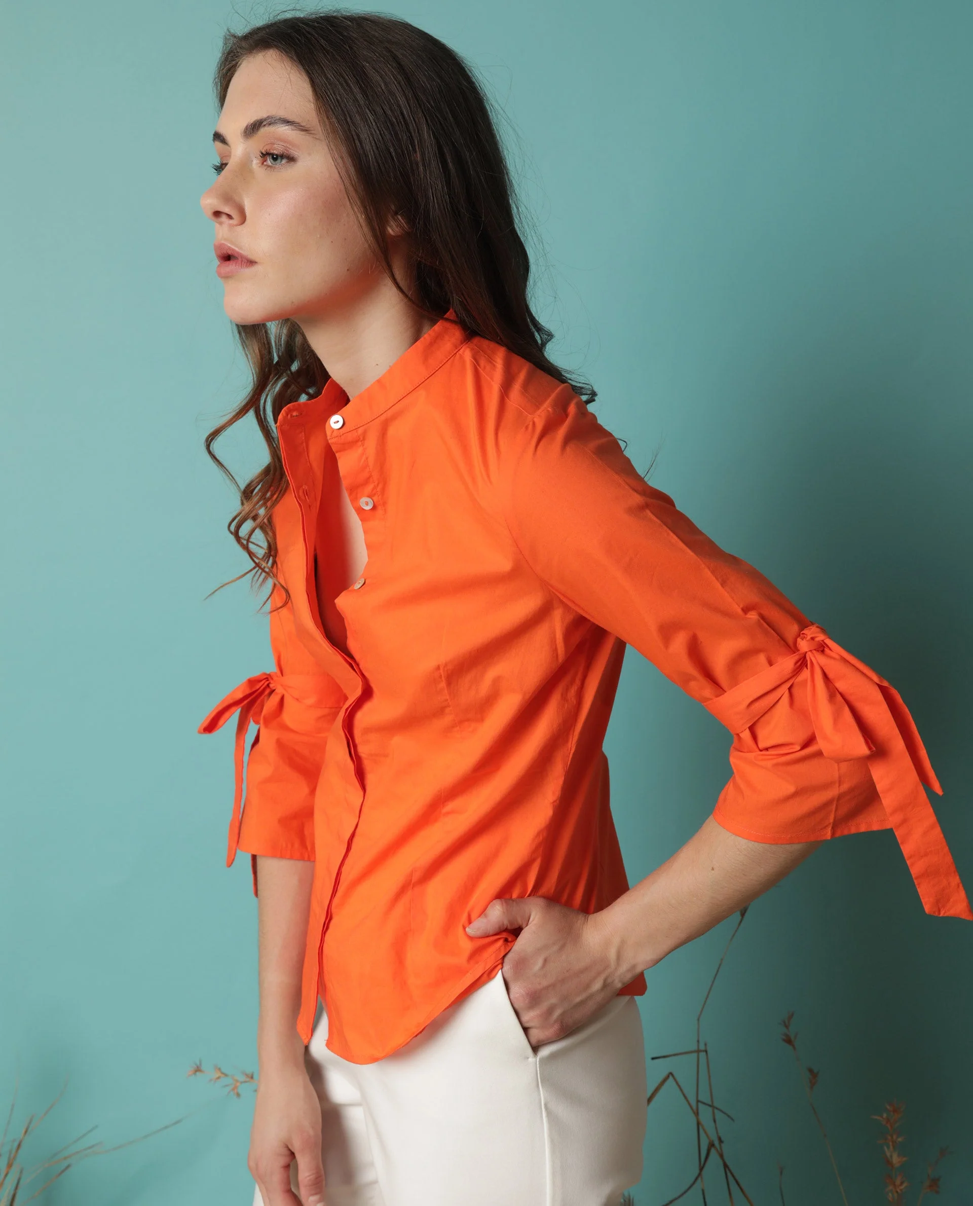 Rareism Women's Tips Orange Cotton Mandarin Collar Plain Regular Fit Top - Image 5