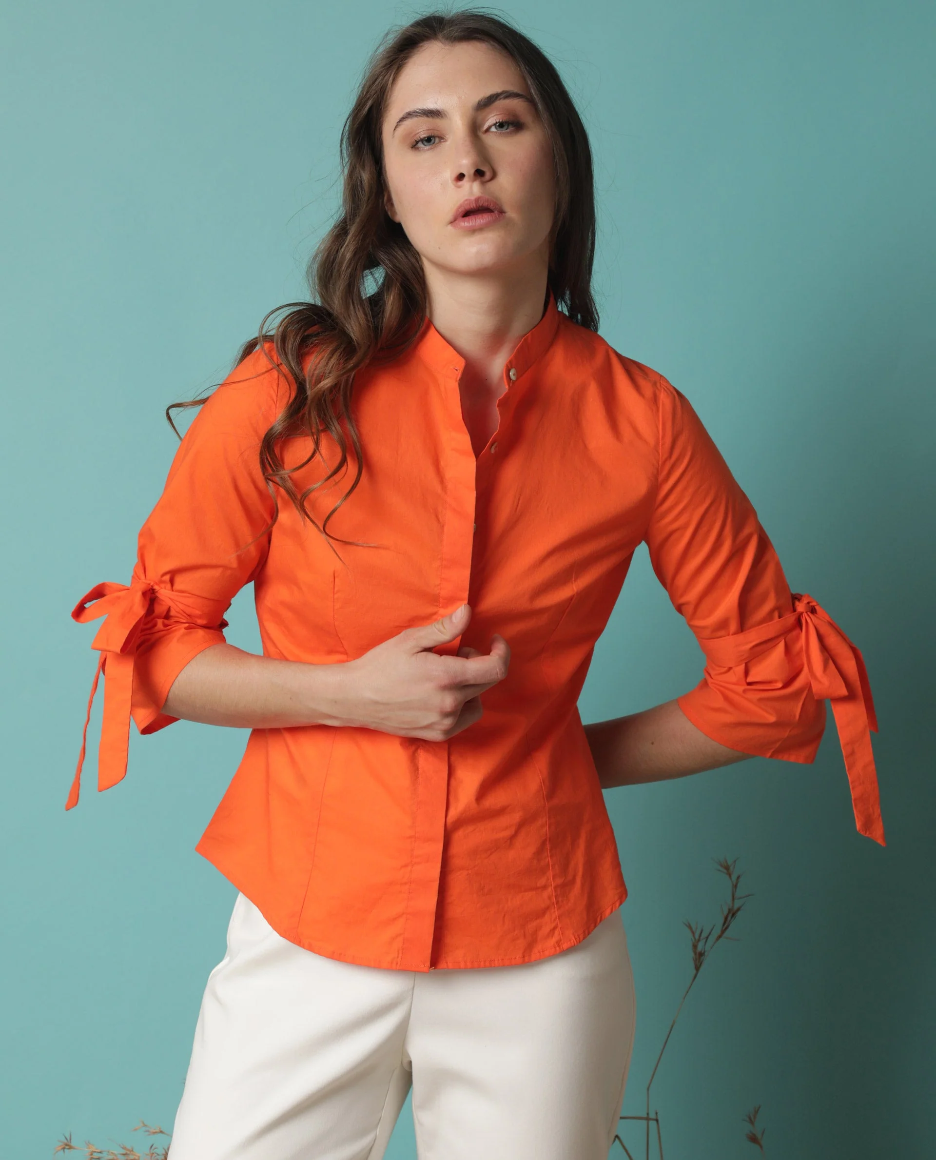 Rareism Women's Tips Orange Cotton Mandarin Collar Plain Regular Fit Top - Image 6