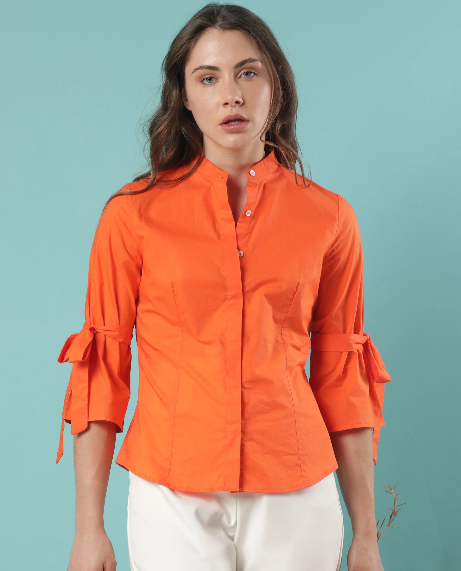 Rareism Women's Tips Orange Cotton Mandarin Collar Plain Regular Fit Top - Image 7