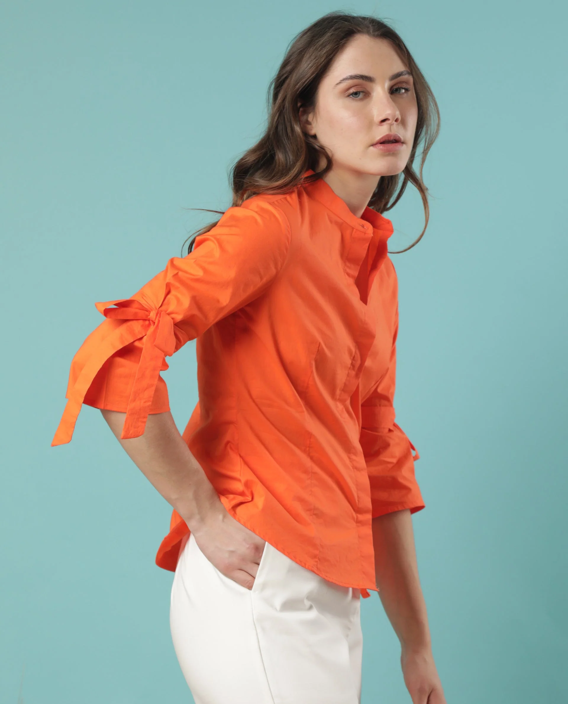 Rareism Women's Tips Orange Cotton Mandarin Collar Plain Regular Fit Top - Image 8