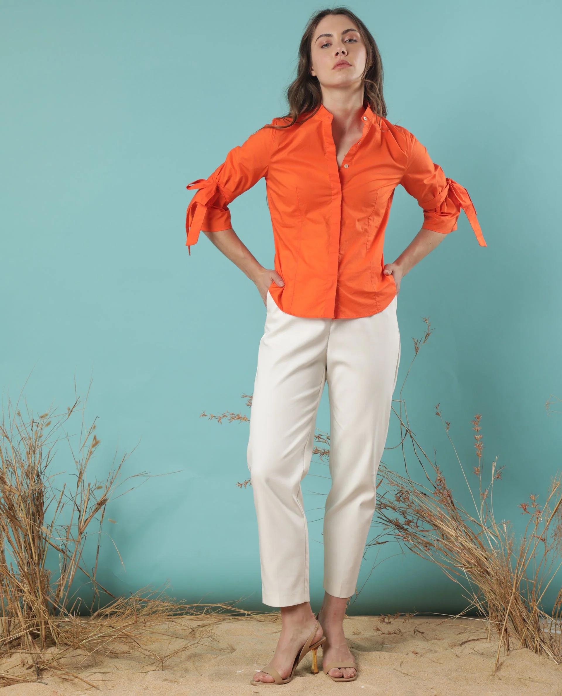 Rareism Women's Tips Orange Cotton Mandarin Collar Plain Regular Fit Top - Image 9
