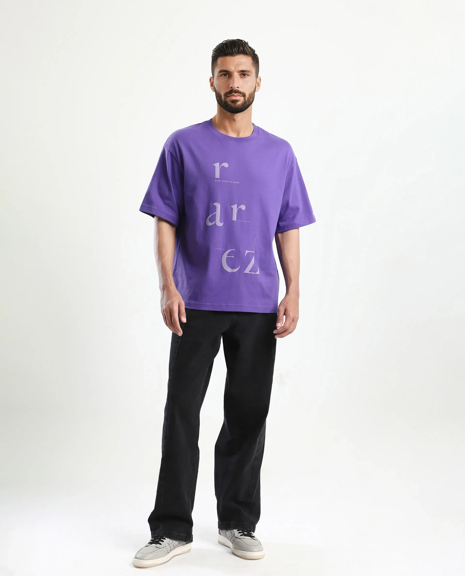 Rare Rabbit Men's Tipto Purple Cotton Graphic Print Oversized Fit Half Sleeve Crew Neck T-Shirt - Image 2