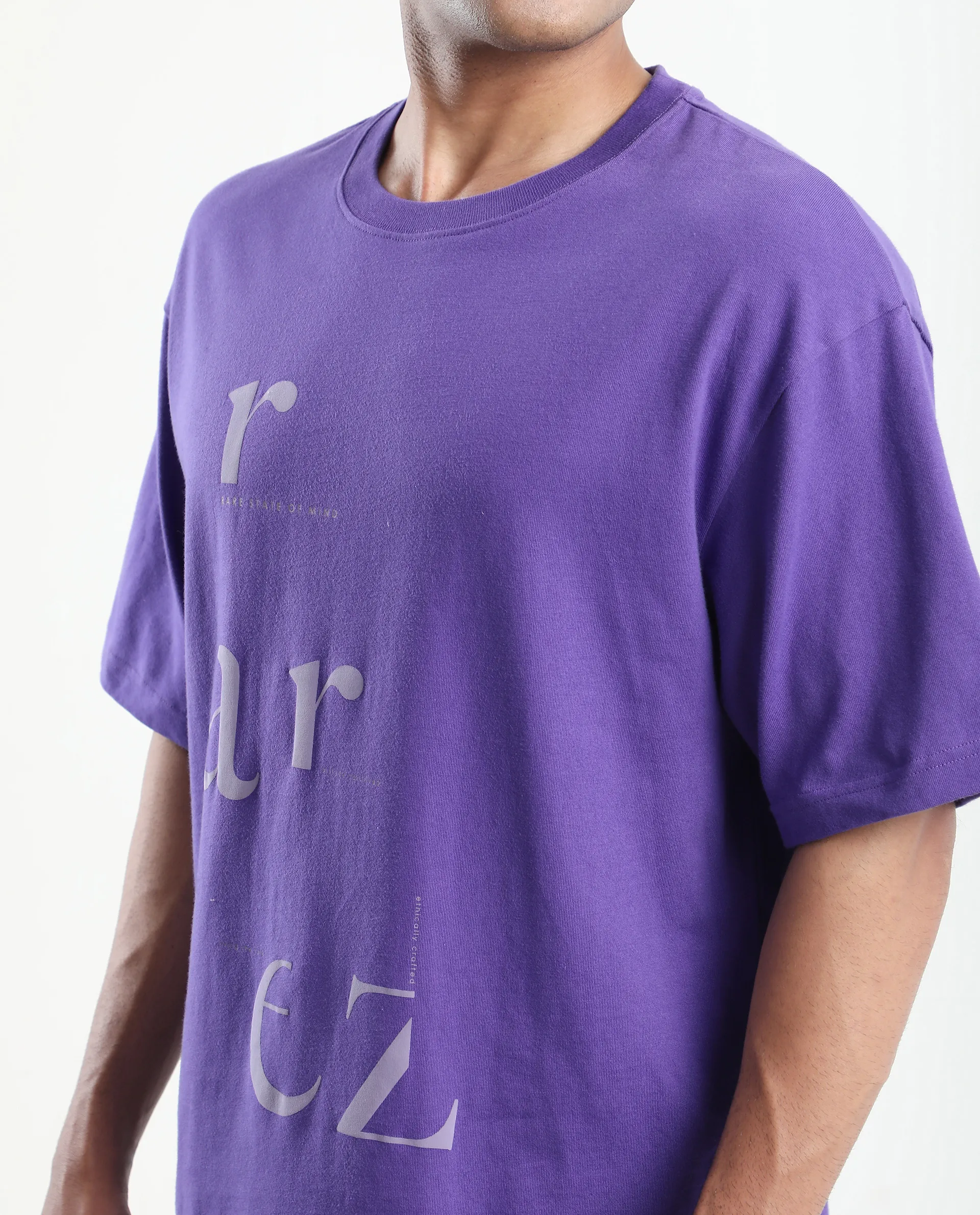 Rare Rabbit Men's Tipto Purple Cotton Graphic Print Oversized Fit Half Sleeve Crew Neck T-Shirt - Image 3