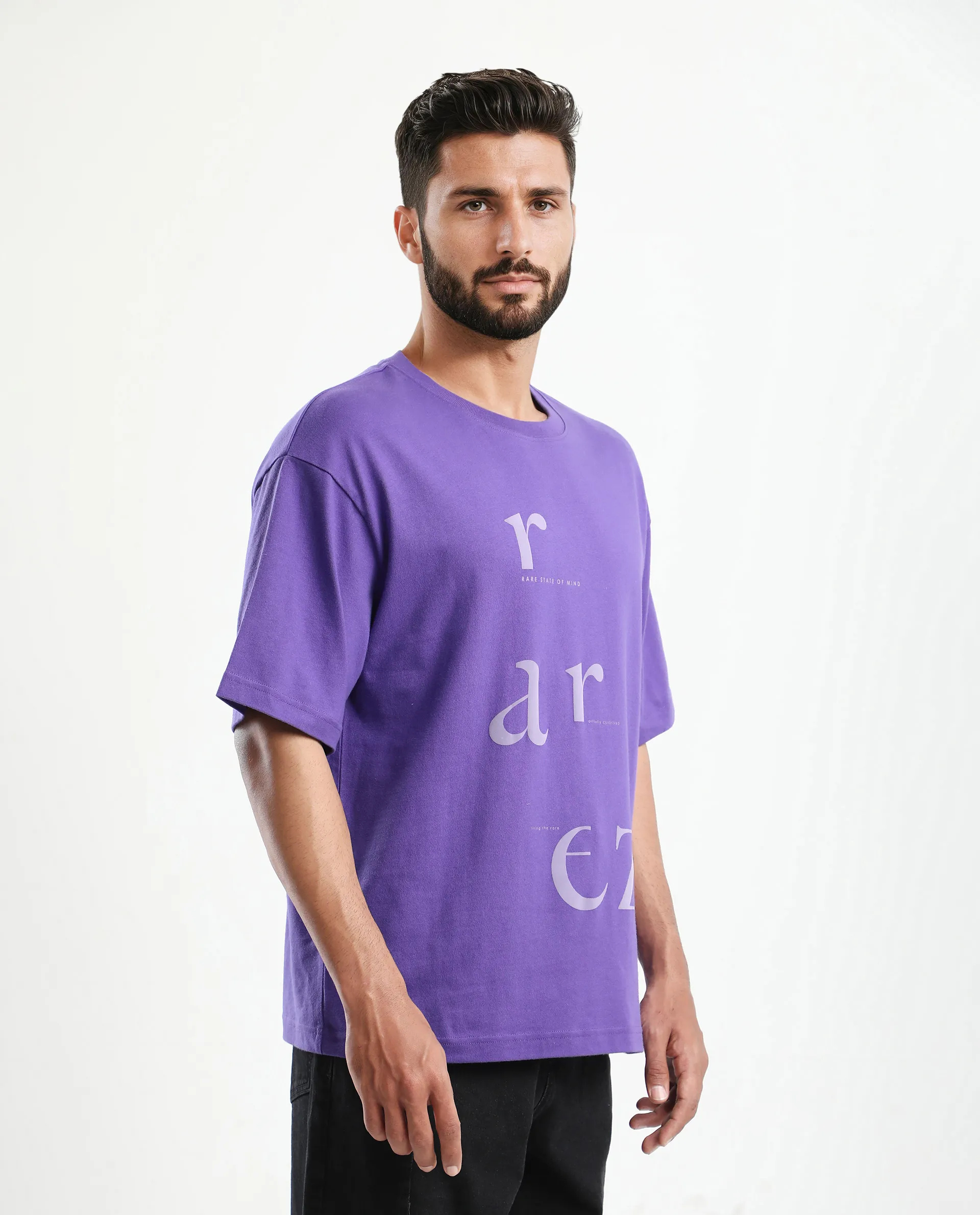 Rare Rabbit Men's Tipto Purple Cotton Graphic Print Oversized Fit Half Sleeve Crew Neck T-Shirt - Image 4
