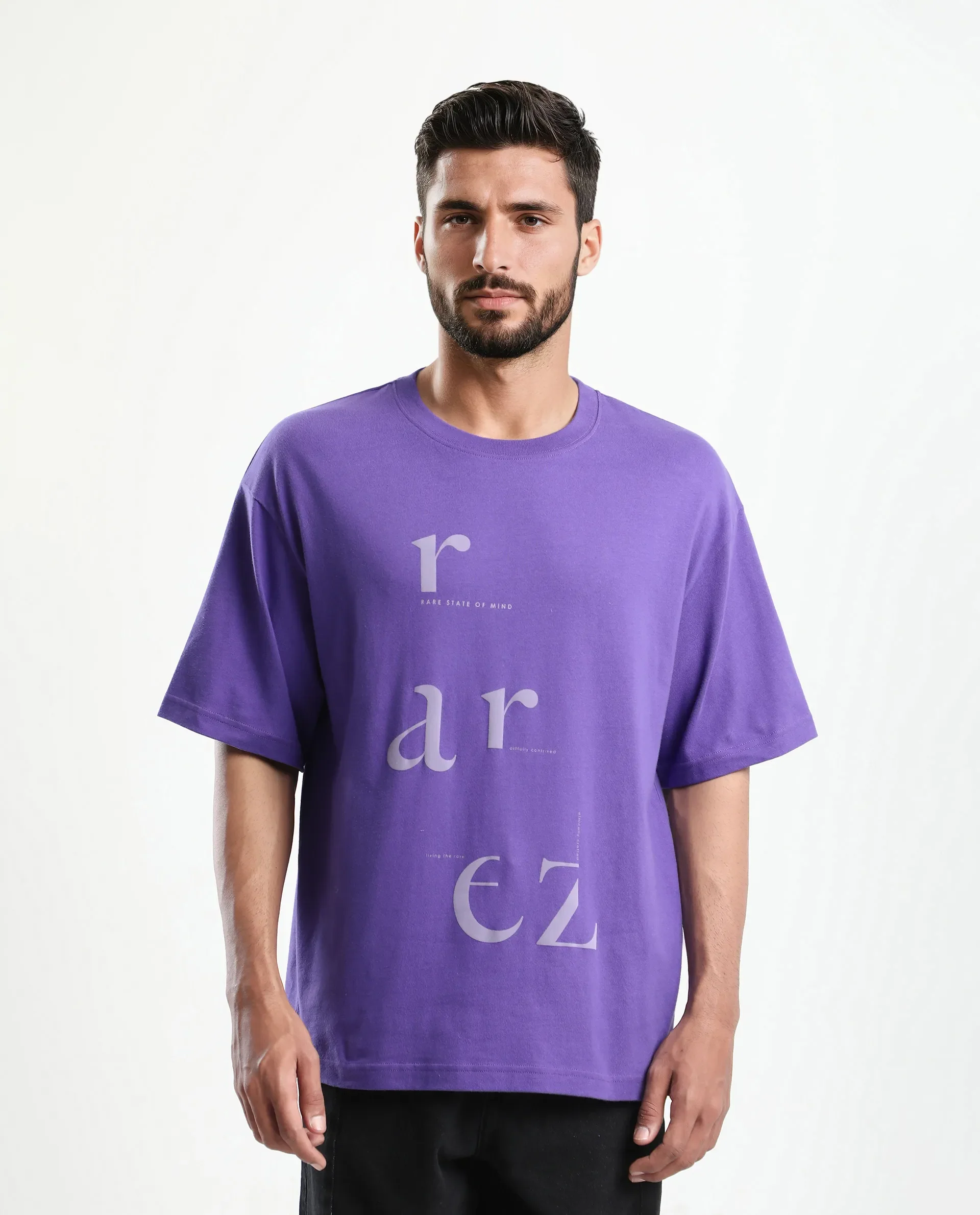 Rare Rabbit Men's Tipto Purple Cotton Graphic Print Oversized Fit Half Sleeve Crew Neck T-Shirt - Image 6