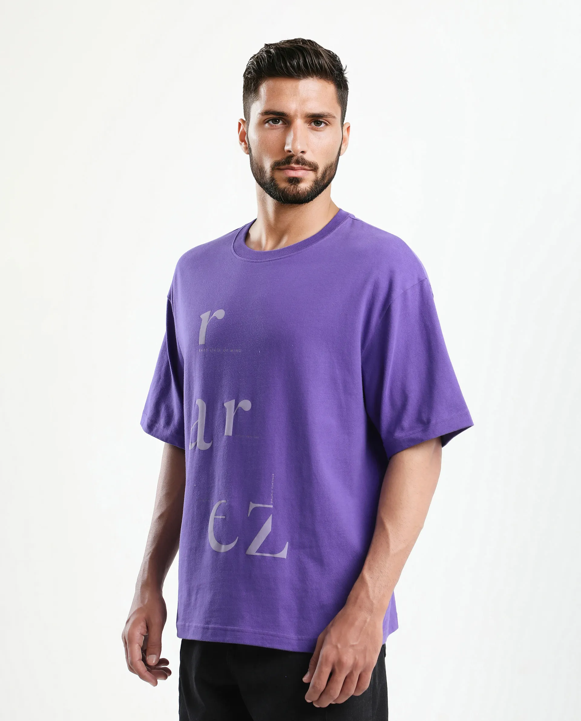 Rare Rabbit Men's Tipto Purple Cotton Graphic Print Oversized Fit Half Sleeve Crew Neck T-Shirt - Image 7