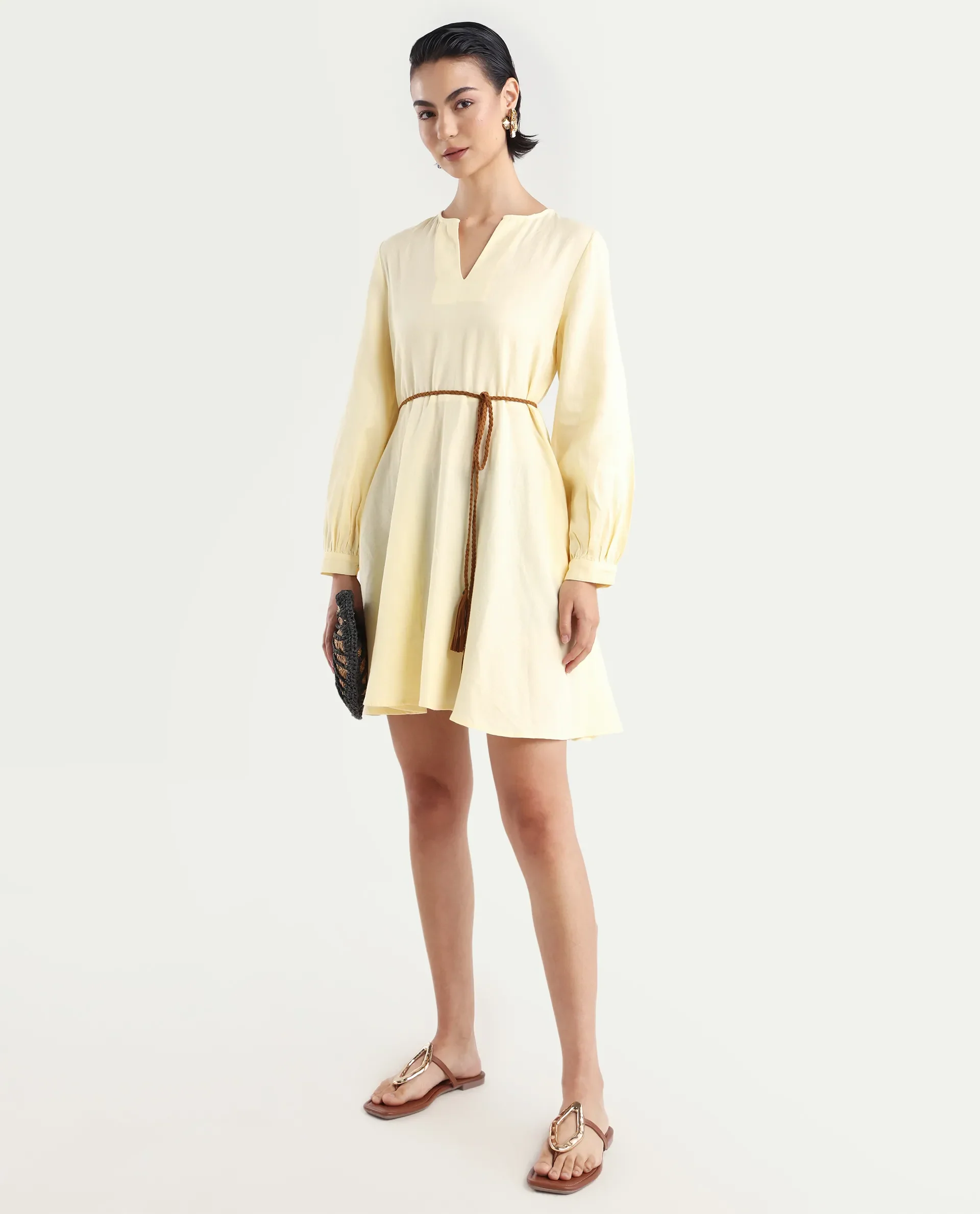 Rareism Women's Tirday Yellow Cotton V-Neck Plain Bishop Sleeve Mini Fit And Flare Dress - Image 2