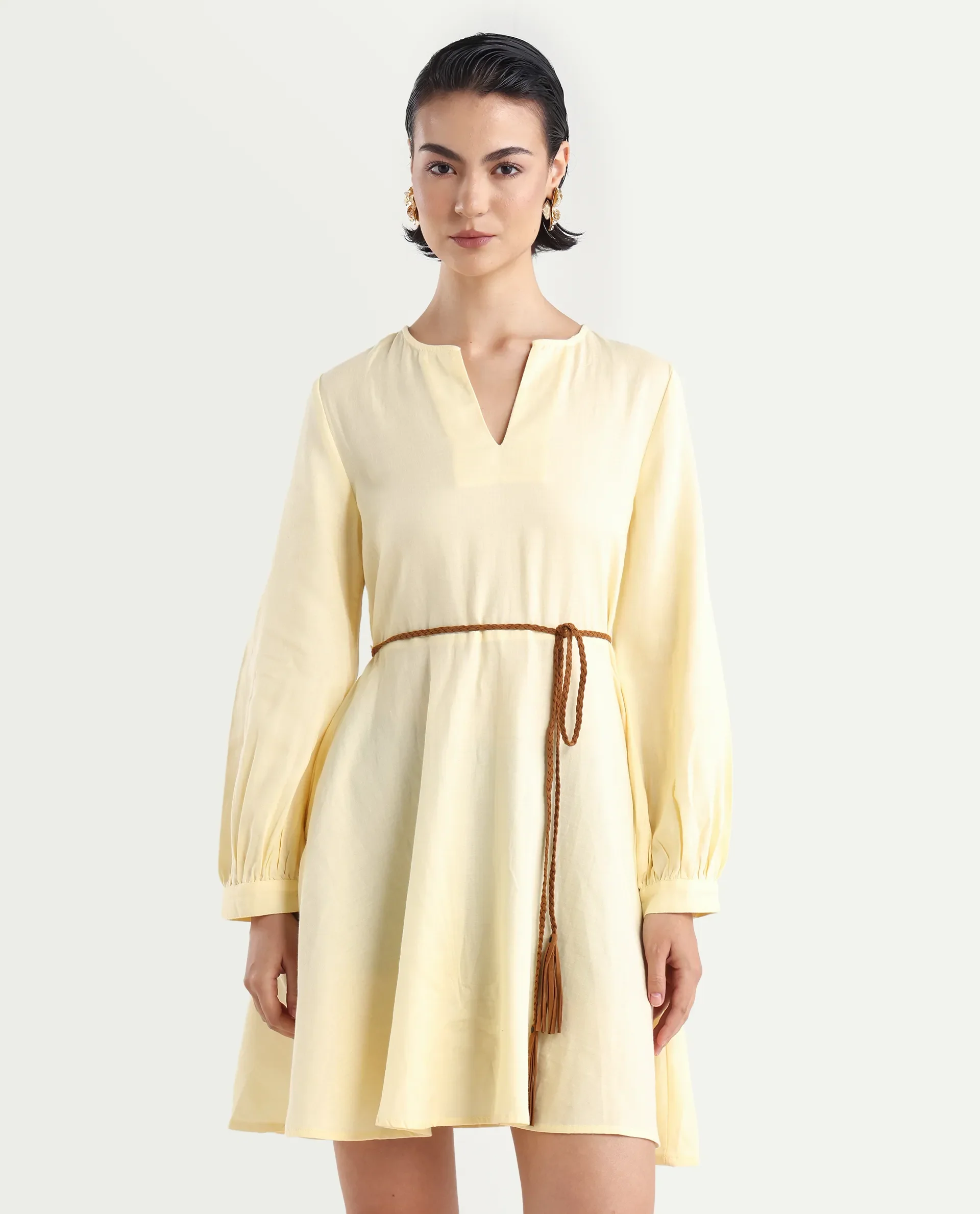 Rareism Women's Tirday Yellow Cotton V-Neck Plain Bishop Sleeve Mini Fit And Flare Dress - Image 3