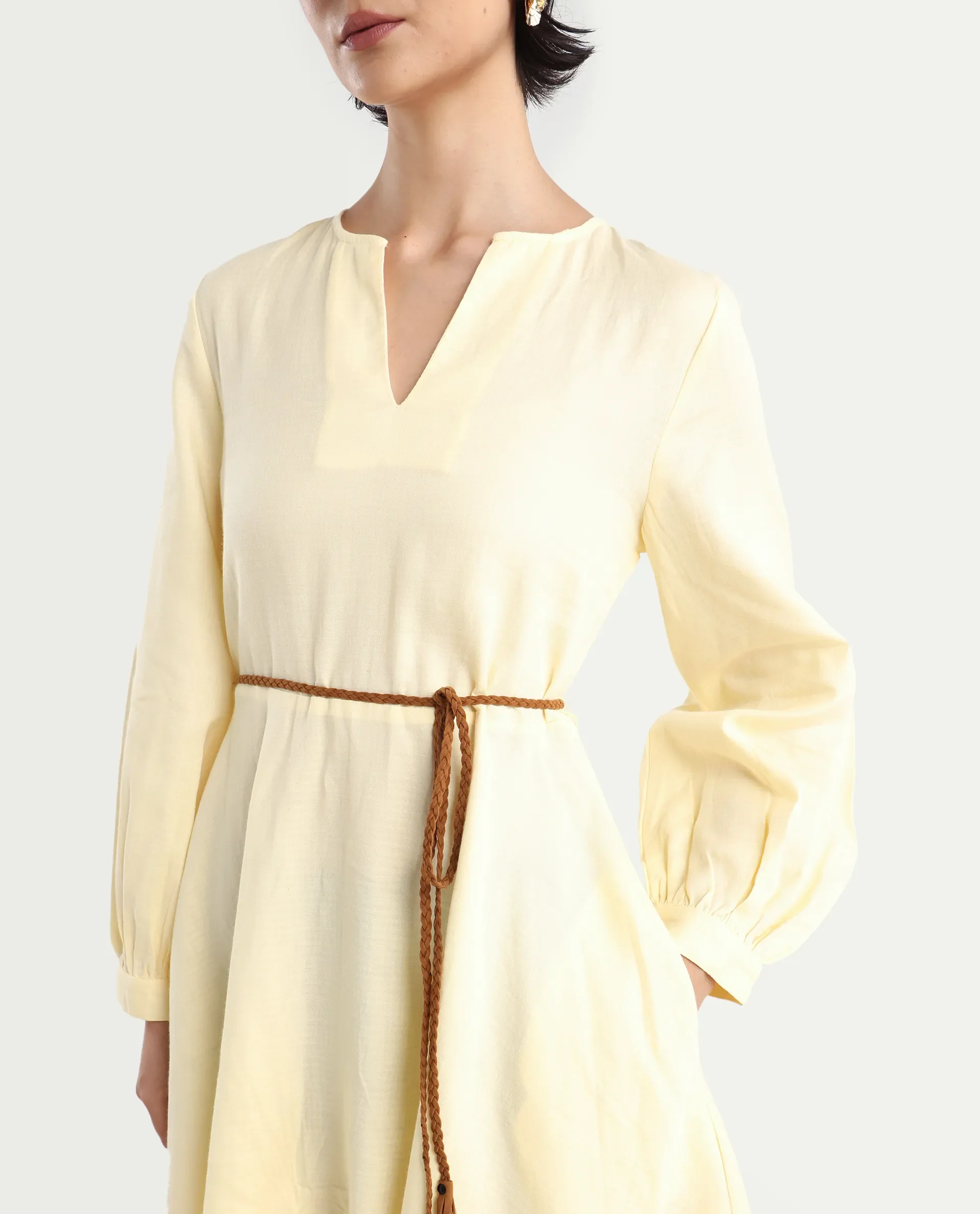 Rareism Women's Tirday Yellow Cotton V-Neck Plain Bishop Sleeve Mini Fit And Flare Dress - Image 4