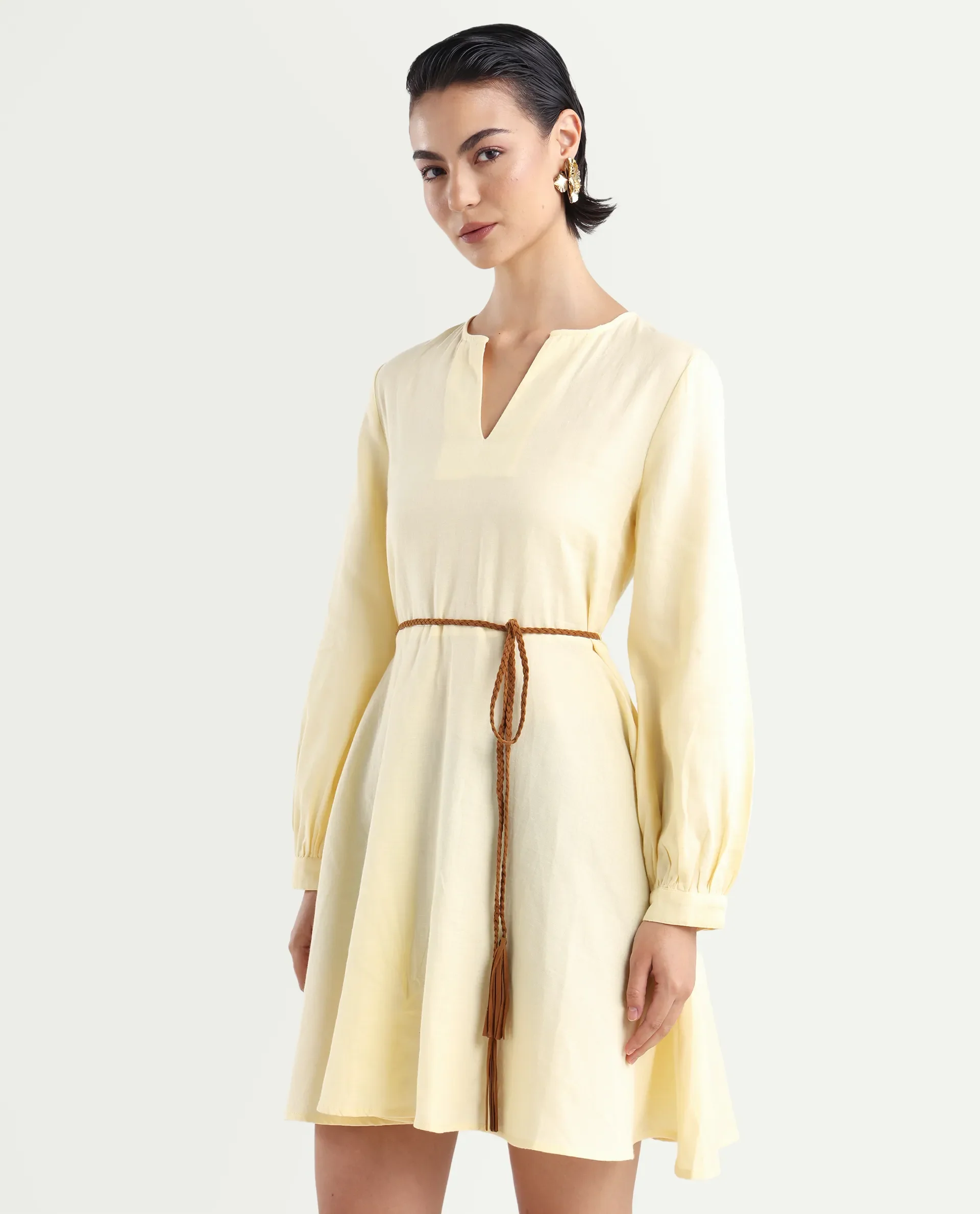 Rareism Women's Tirday Yellow Cotton V-Neck Plain Bishop Sleeve Mini Fit And Flare Dress - Image 5