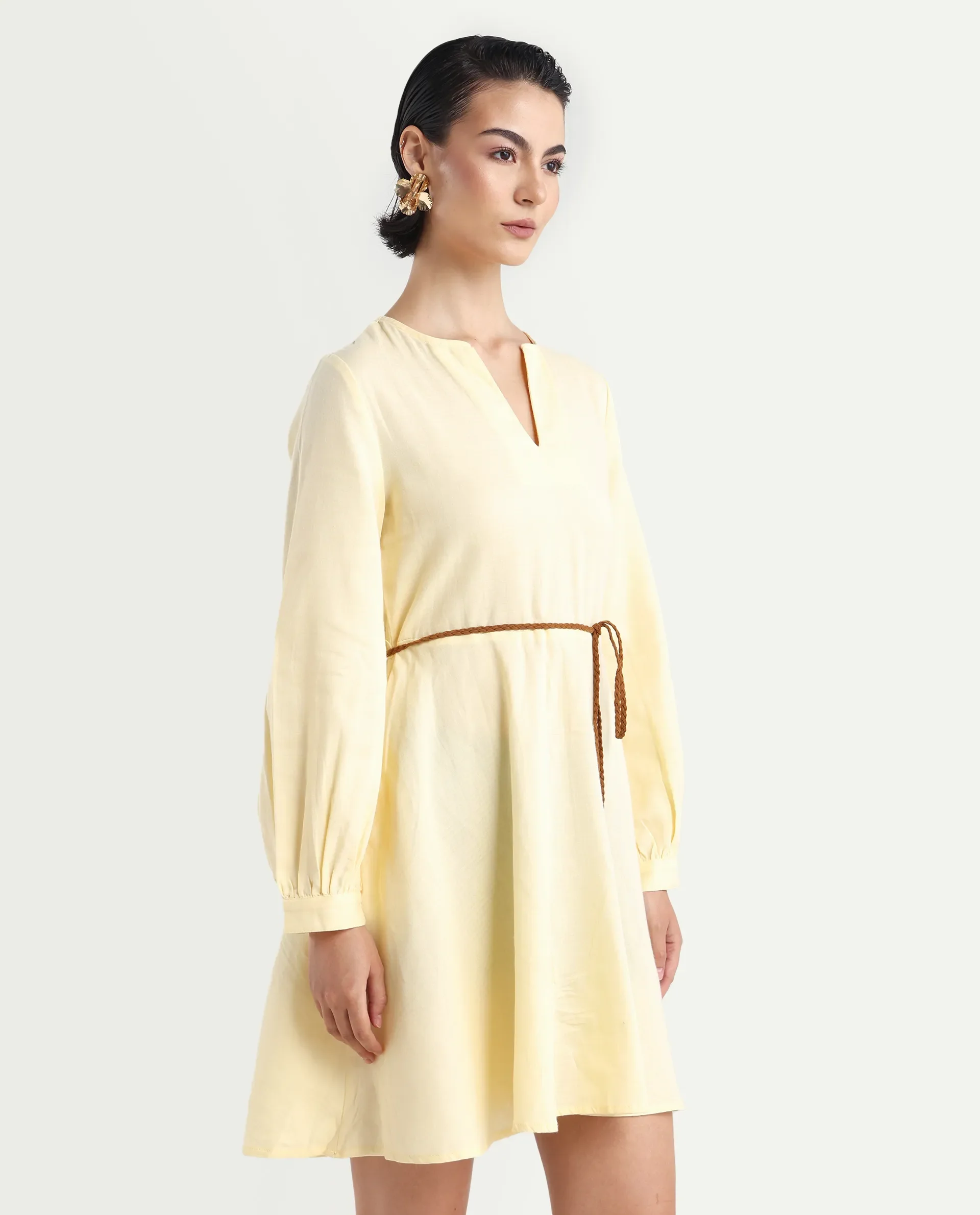 Rareism Women's Tirday Yellow Cotton V-Neck Plain Bishop Sleeve Mini Fit And Flare Dress - Image 6