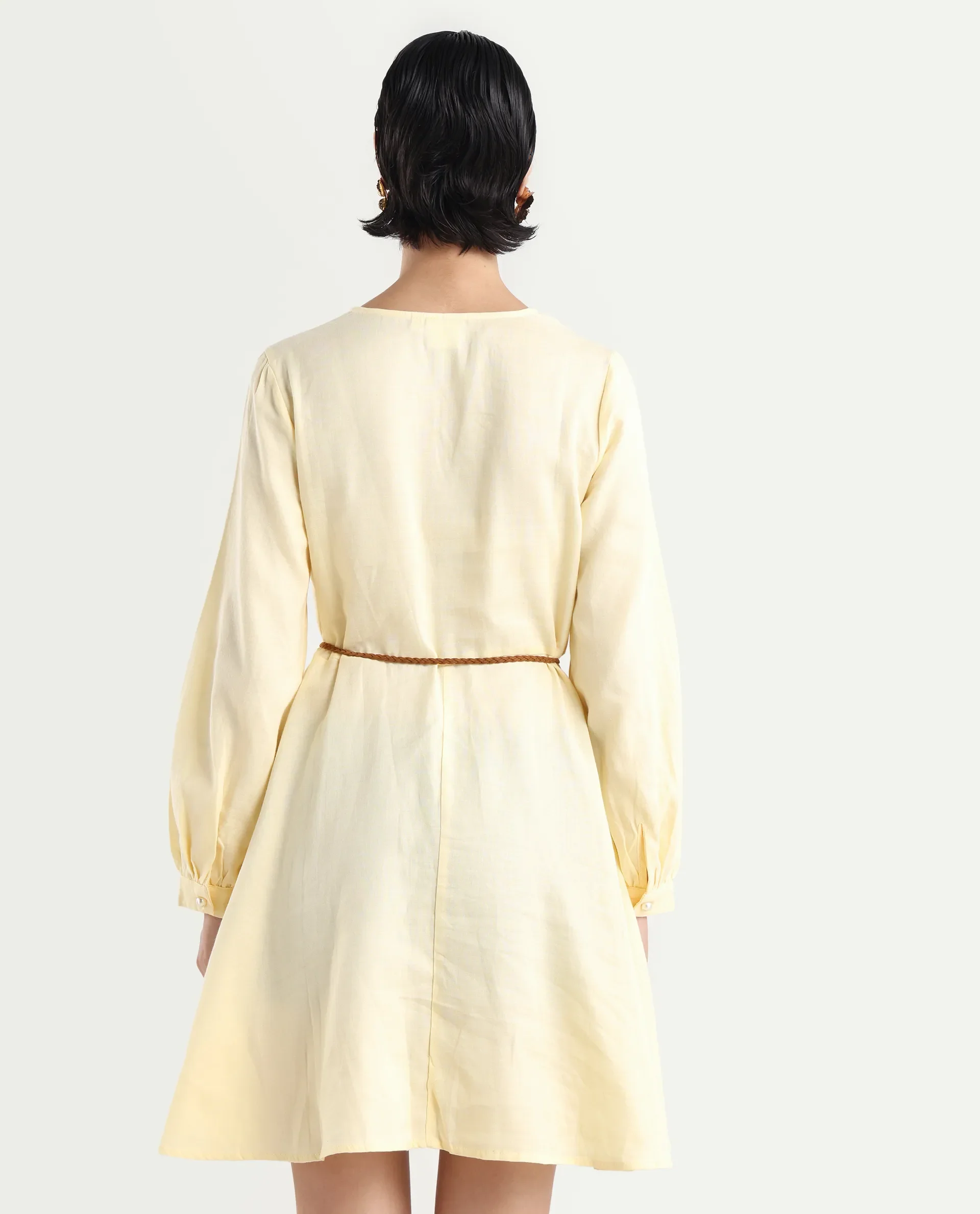 Rareism Women's Tirday Yellow Cotton V-Neck Plain Bishop Sleeve Mini Fit And Flare Dress - Image 7