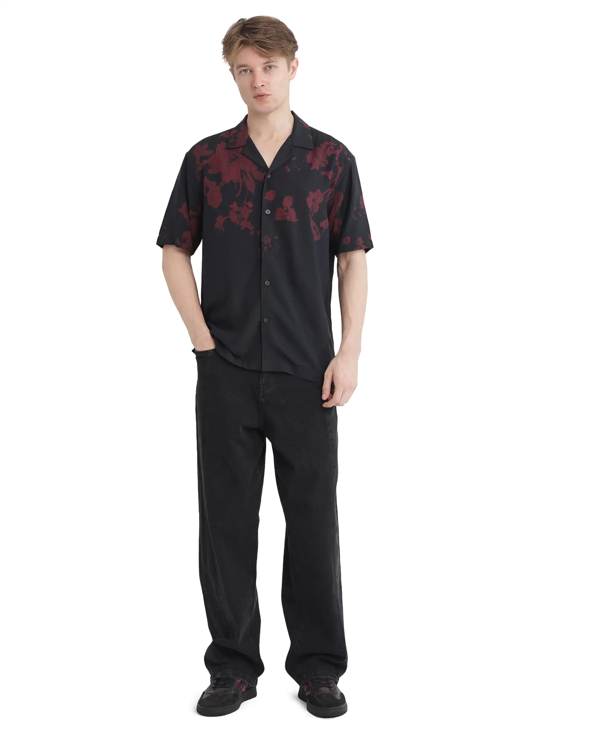 Rare Rabbit Men's Tirock Black Viscose Floral Print Relaxed Fit Half Sleeve Cuban Collar Shirt - Image 2