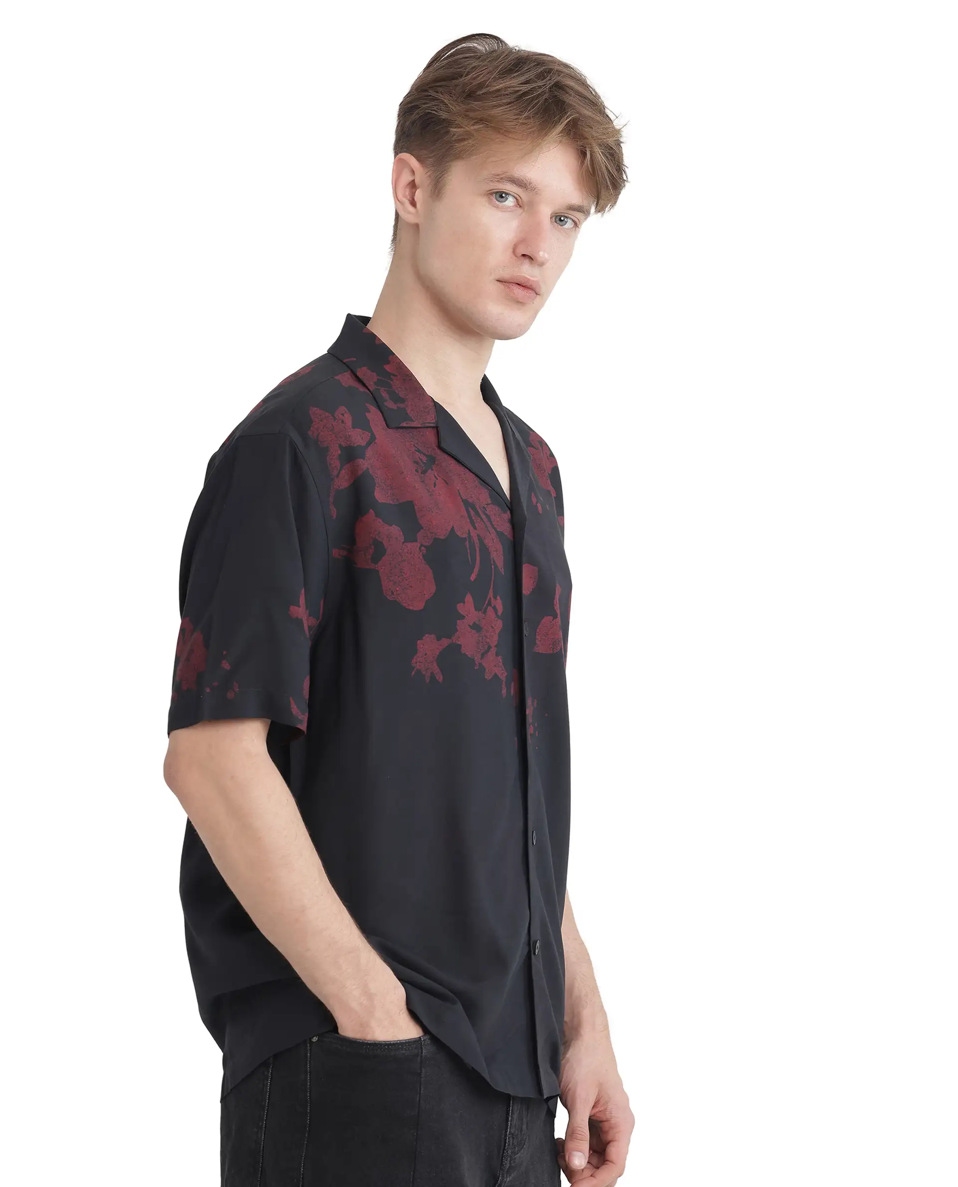 Rare Rabbit Men's Tirock Black Viscose Floral Print Relaxed Fit Half Sleeve Cuban Collar Shirt - Image 5