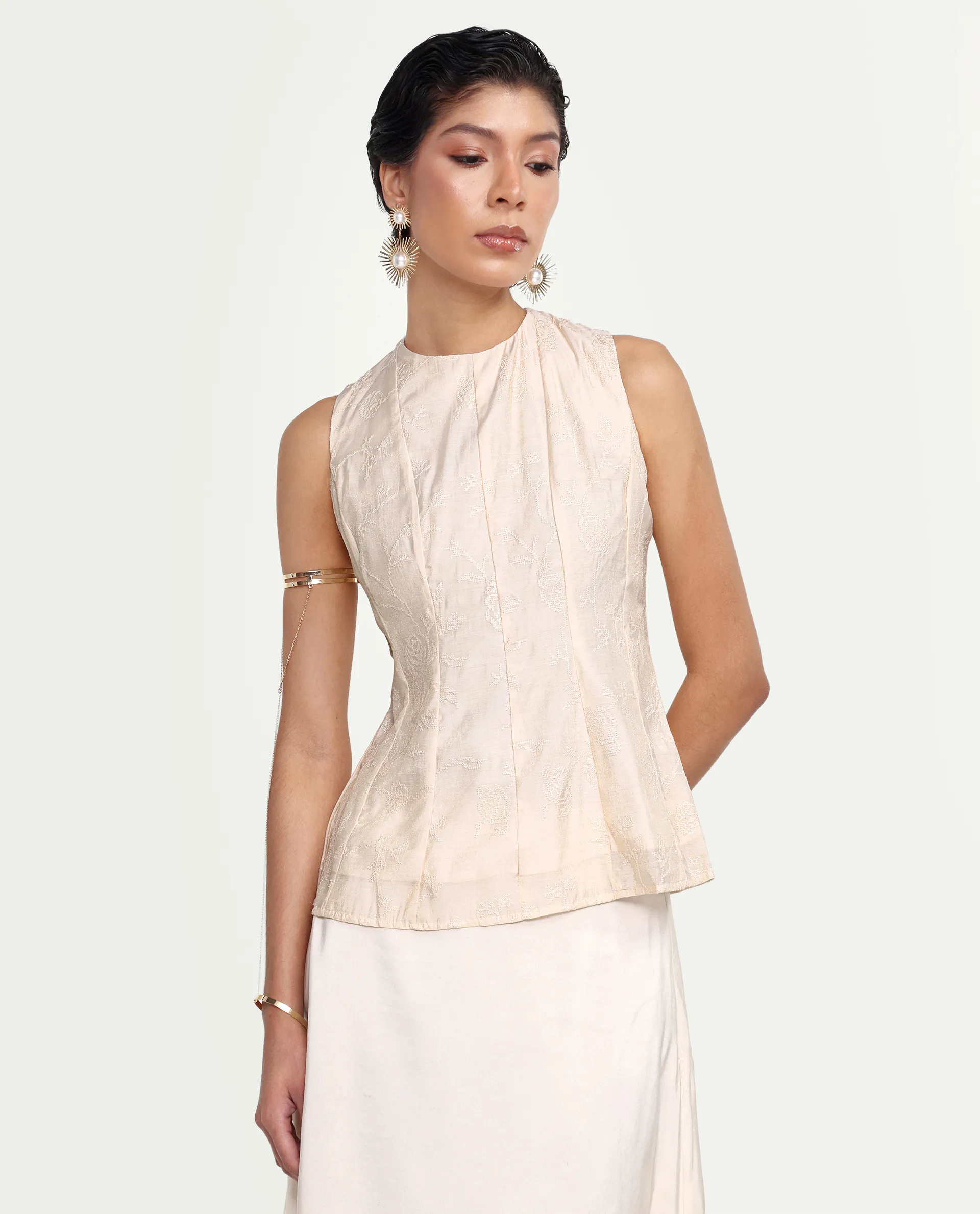 Rareism Women's Tish Pastel Beige Viscose Button And Zip Fit And Flare Plain Top - Image 3