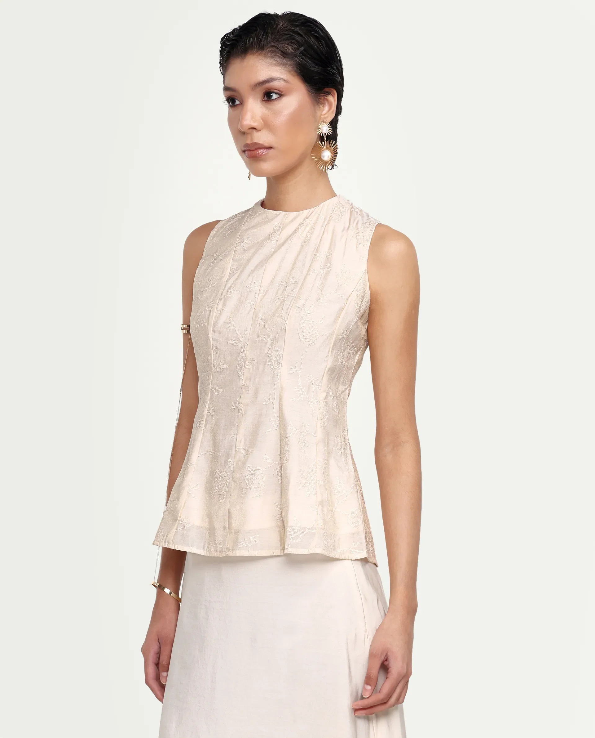 Rareism Women's Tish Pastel Beige Viscose Button And Zip Fit And Flare Plain Top - Image 5