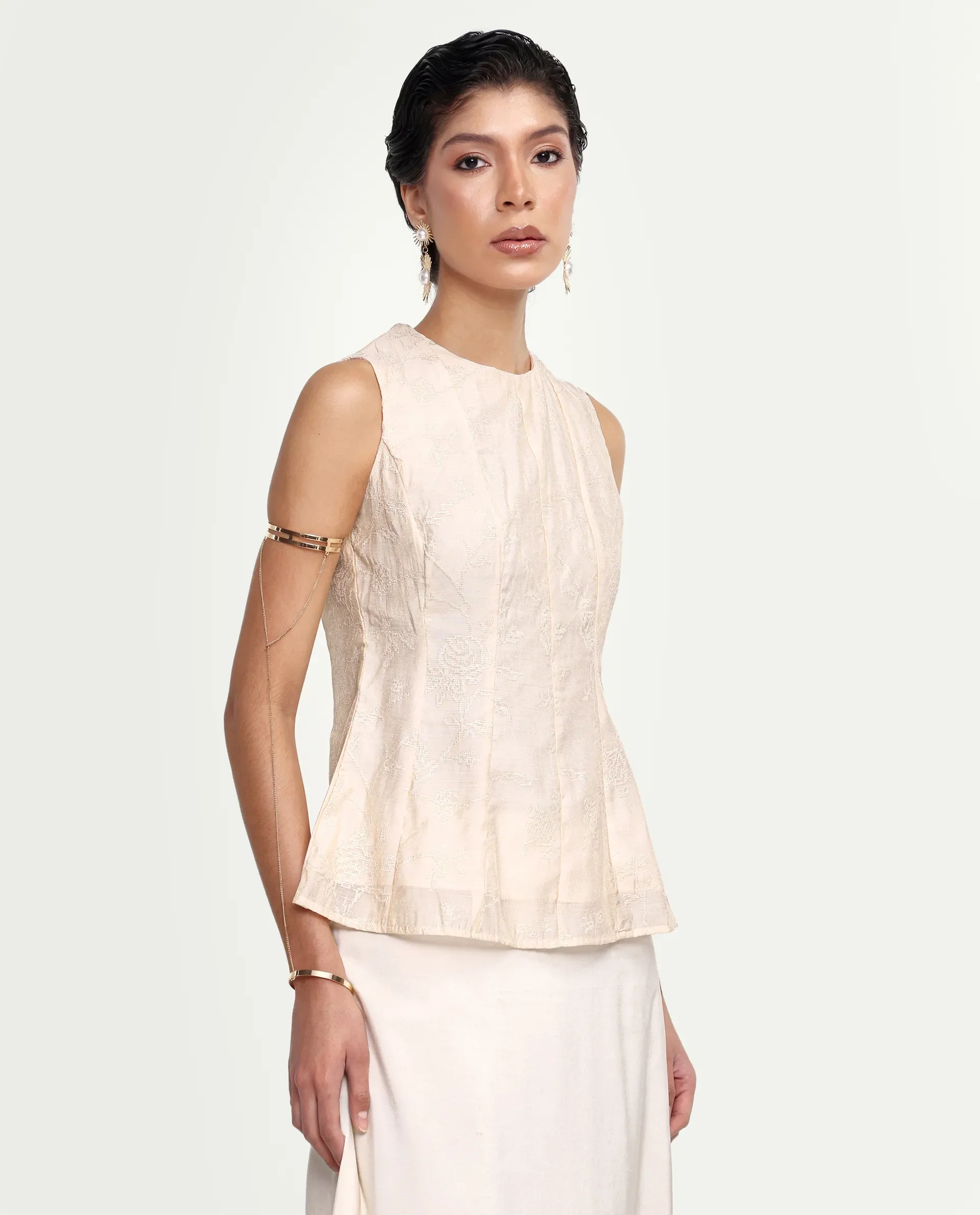 Rareism Women's Tish Pastel Beige Viscose Button And Zip Fit And Flare Plain Top - Image 6