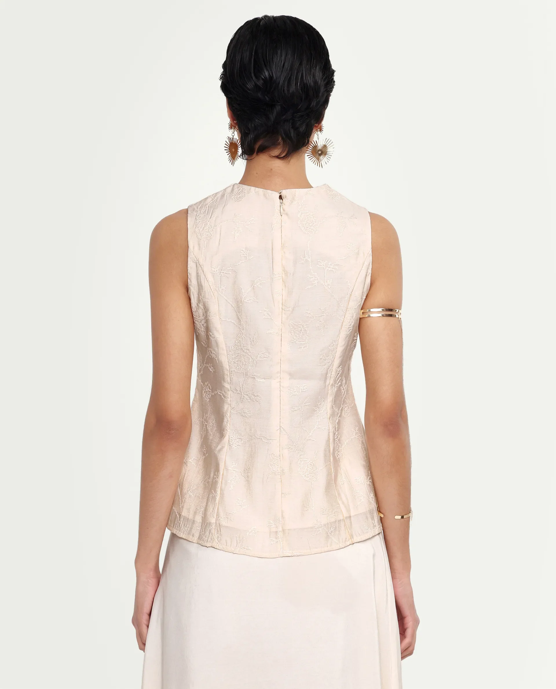 Rareism Women's Tish Pastel Beige Viscose Button And Zip Fit And Flare Plain Top - Image 7