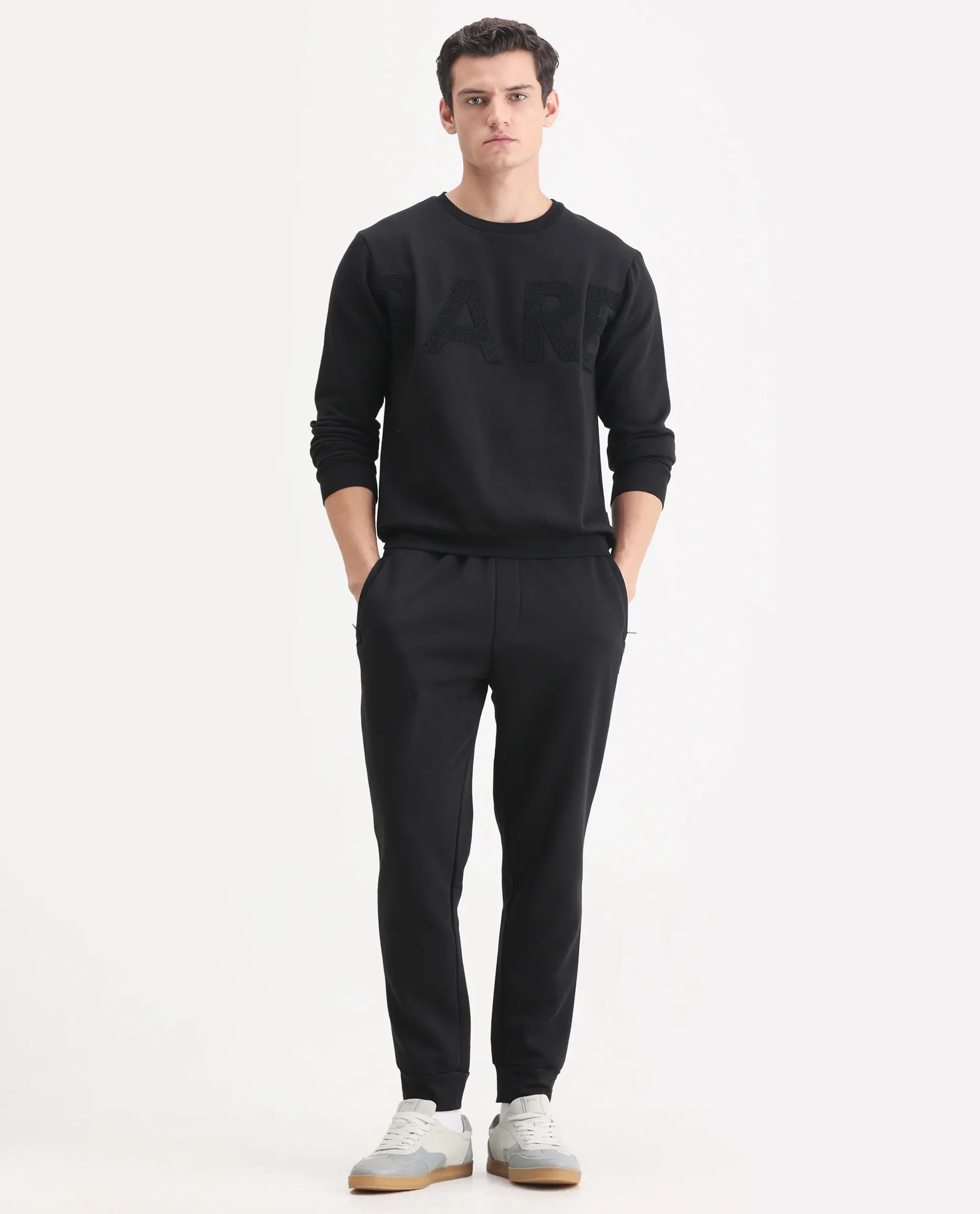 Rare Rabbit Men's Tisot Black Cotton Embroidered Regular Fit Full Sleeve Crew Neck Sweatshirt - Image 2