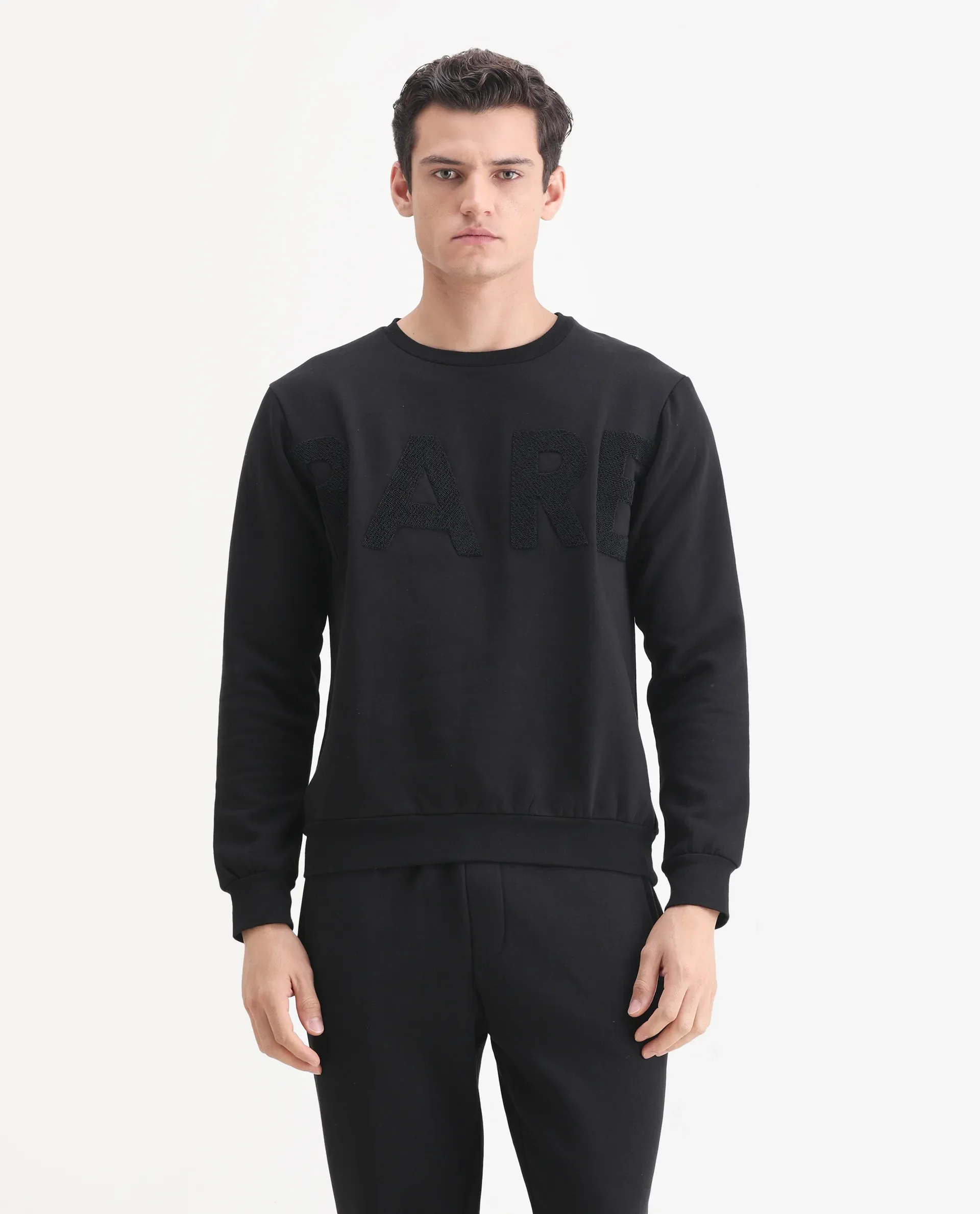 Rare Rabbit Men's Tisot Black Cotton Embroidered Regular Fit Full Sleeve Crew Neck Sweatshirt - Image 4