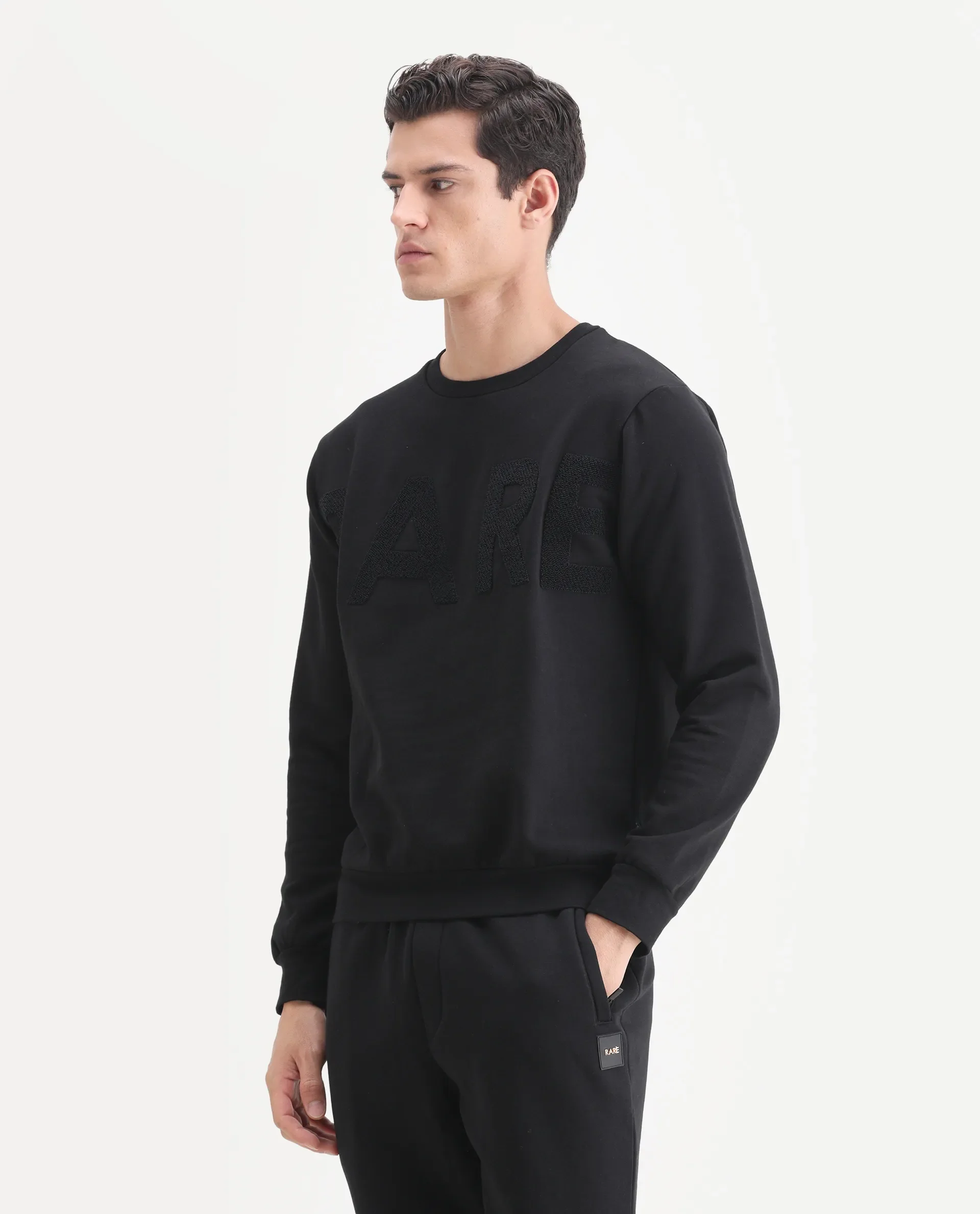 Rare Rabbit Men's Tisot Black Cotton Embroidered Regular Fit Full Sleeve Crew Neck Sweatshirt - Image 5
