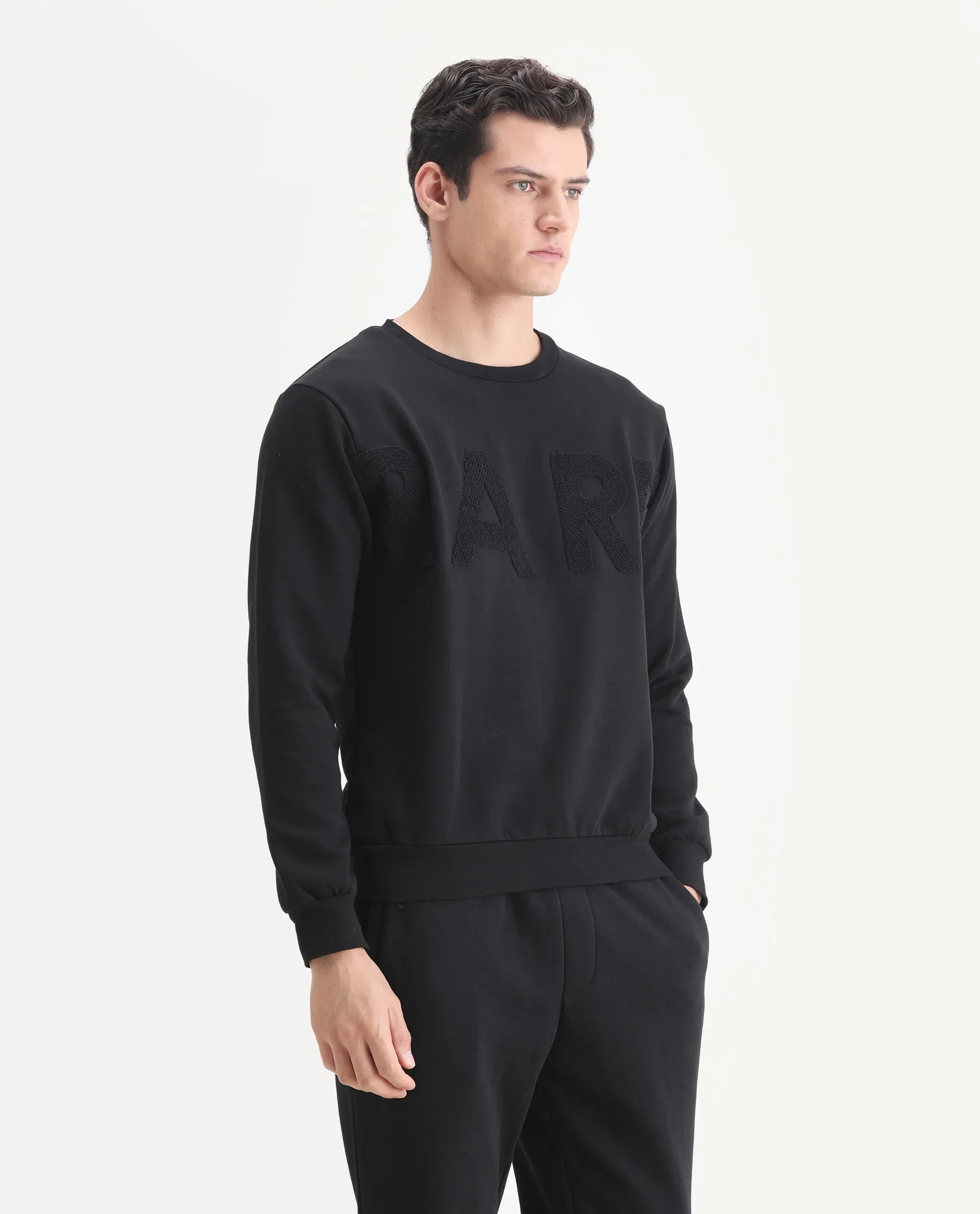 Rare Rabbit Men's Tisot Black Cotton Embroidered Regular Fit Full Sleeve Crew Neck Sweatshirt - Image 6
