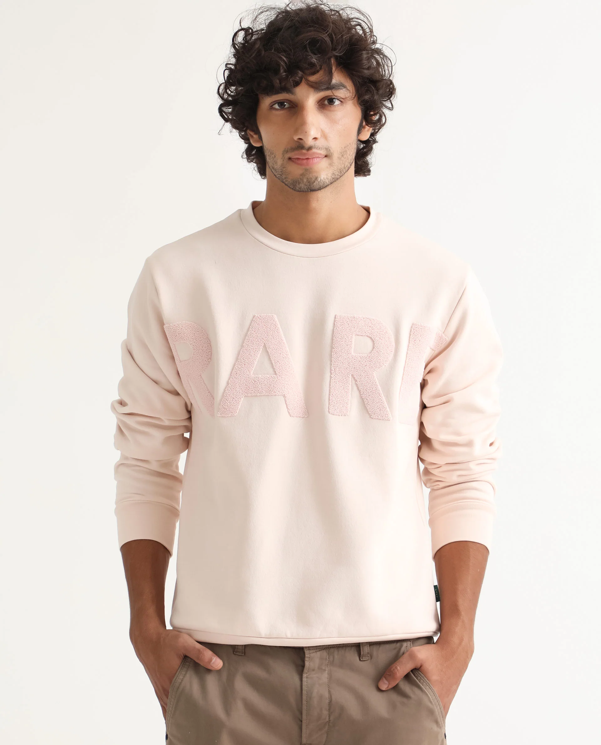 Rare Rabbit Men's Tisot Pink Embroidered Regular Fit Full Sleeve Crew Neck Sweatshirt