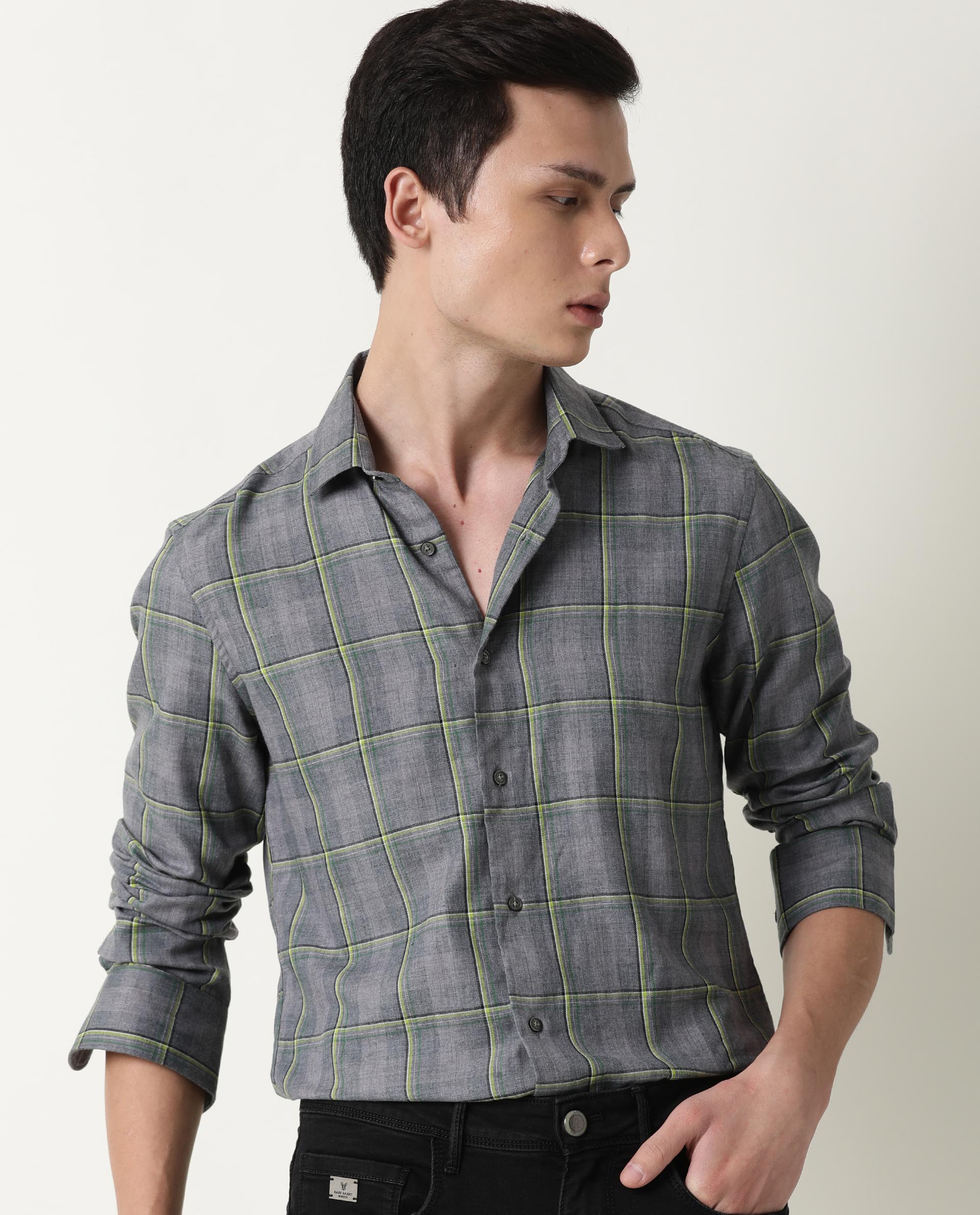 Rare Rabbit Men's Tisse Grey Cotton Checked Print Regular Fit Full Sleeve Collared Shirt