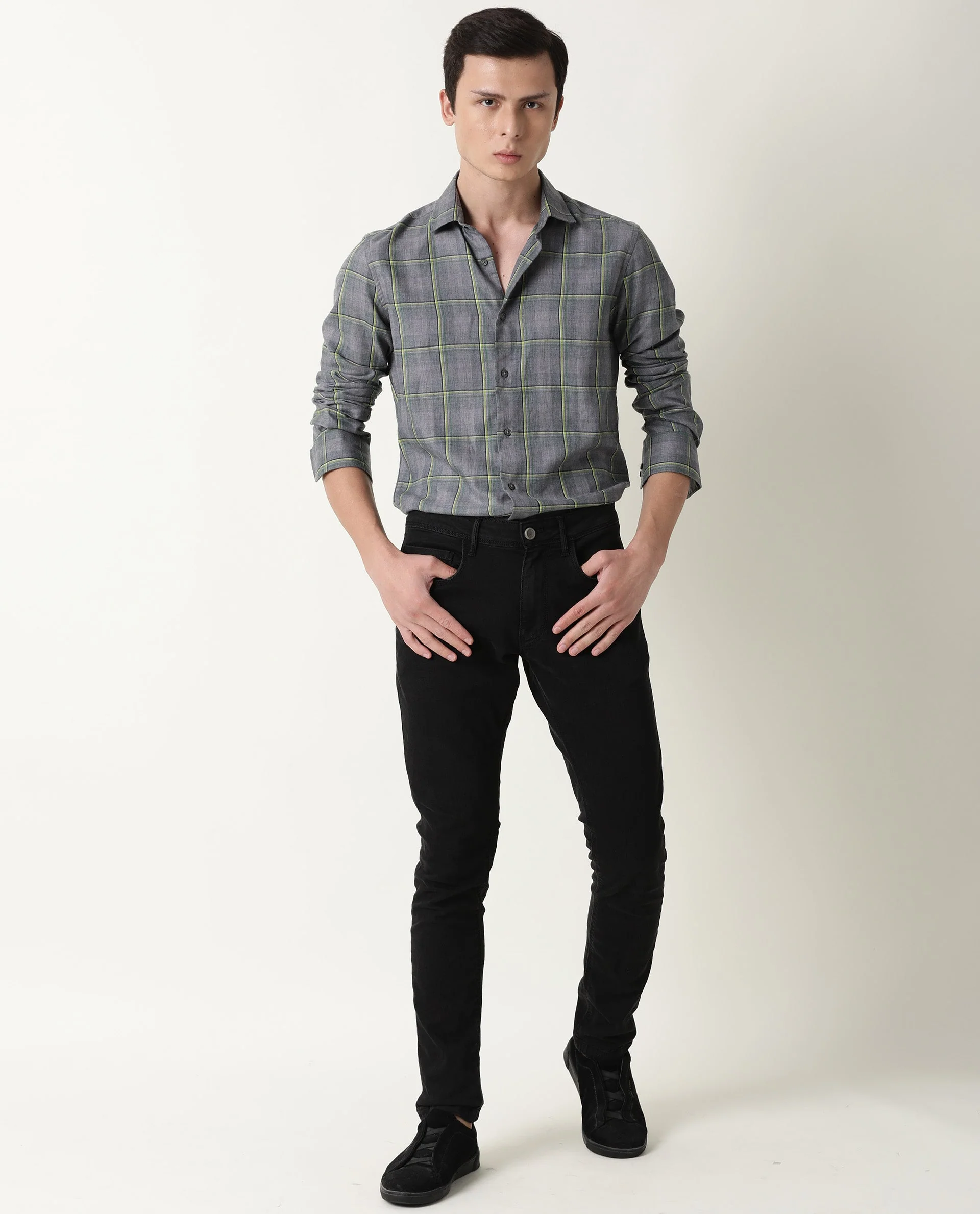 Rare Rabbit Men's Tisse Grey Cotton Checked Print Regular Fit Full Sleeve Collared Shirt - Image 2
