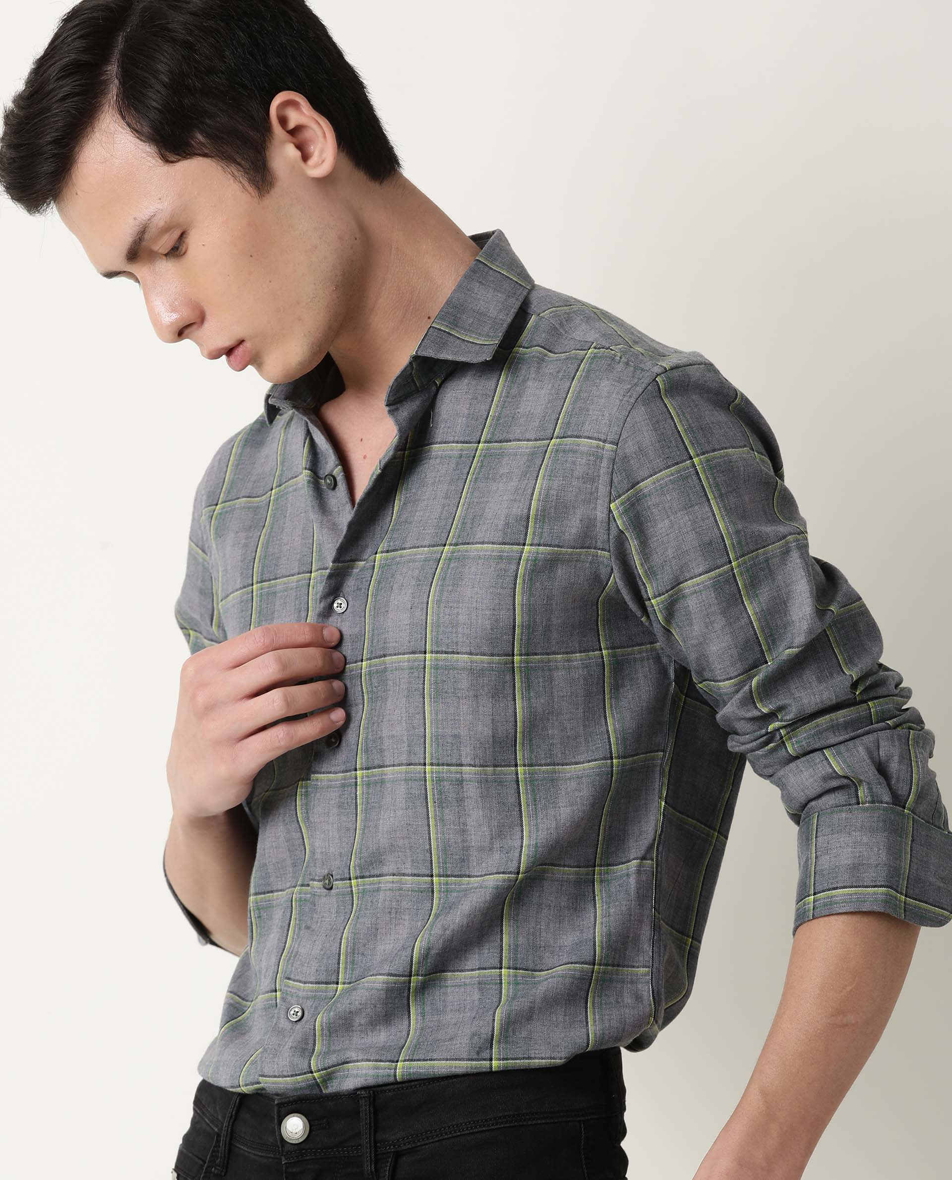 Rare Rabbit Men's Tisse Grey Cotton Checked Print Regular Fit Full Sleeve Collared Shirt - Image 4