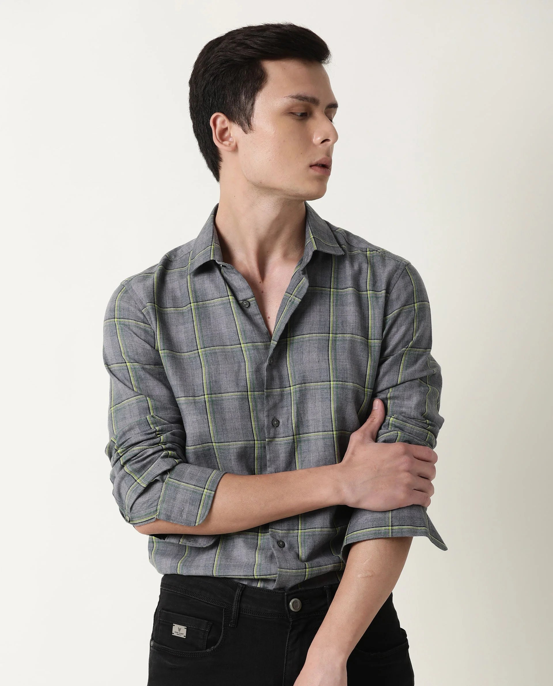 Rare Rabbit Men's Tisse Grey Cotton Checked Print Regular Fit Full Sleeve Collared Shirt - Image 5