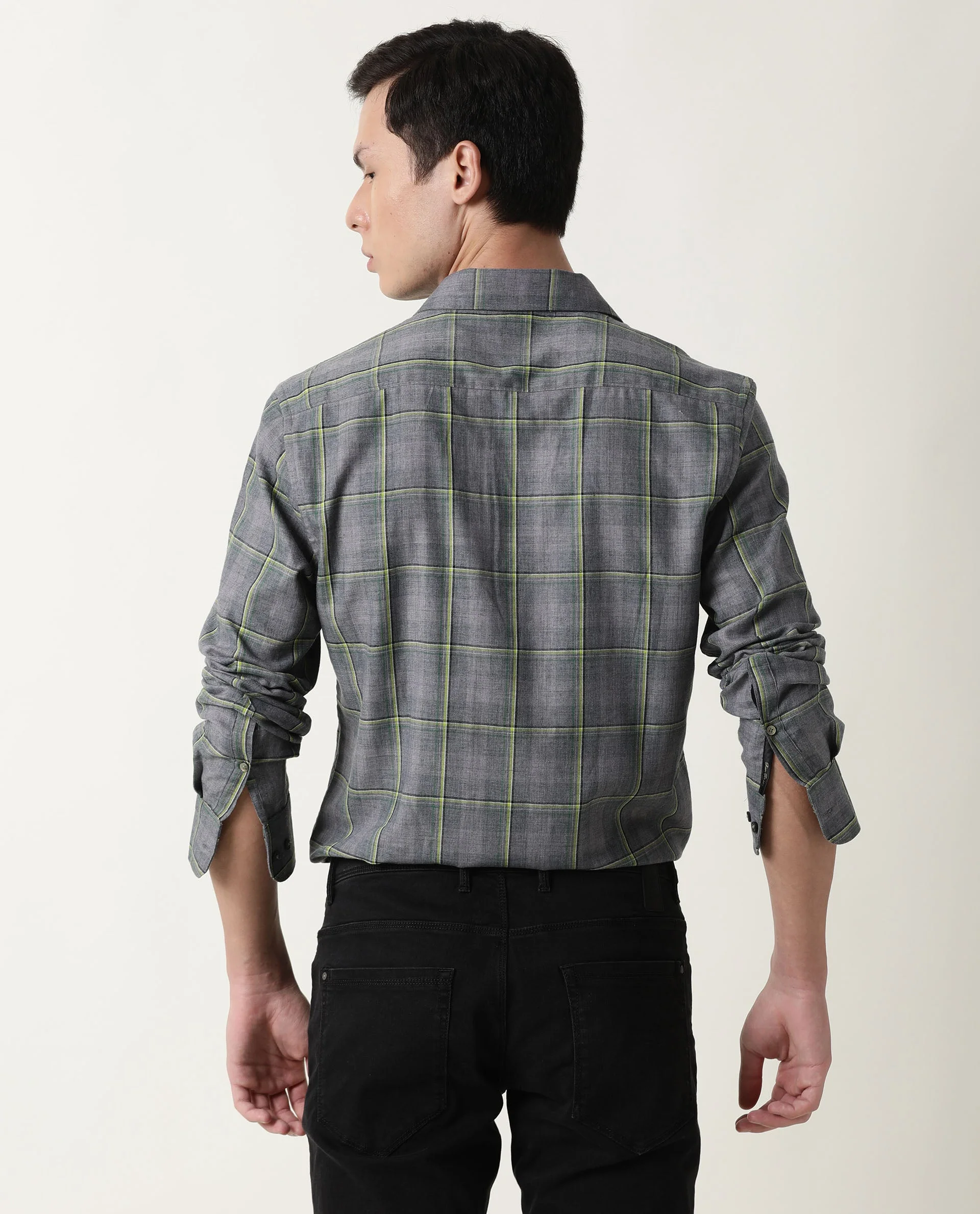 Rare Rabbit Men's Tisse Grey Cotton Checked Print Regular Fit Full Sleeve Collared Shirt - Image 6