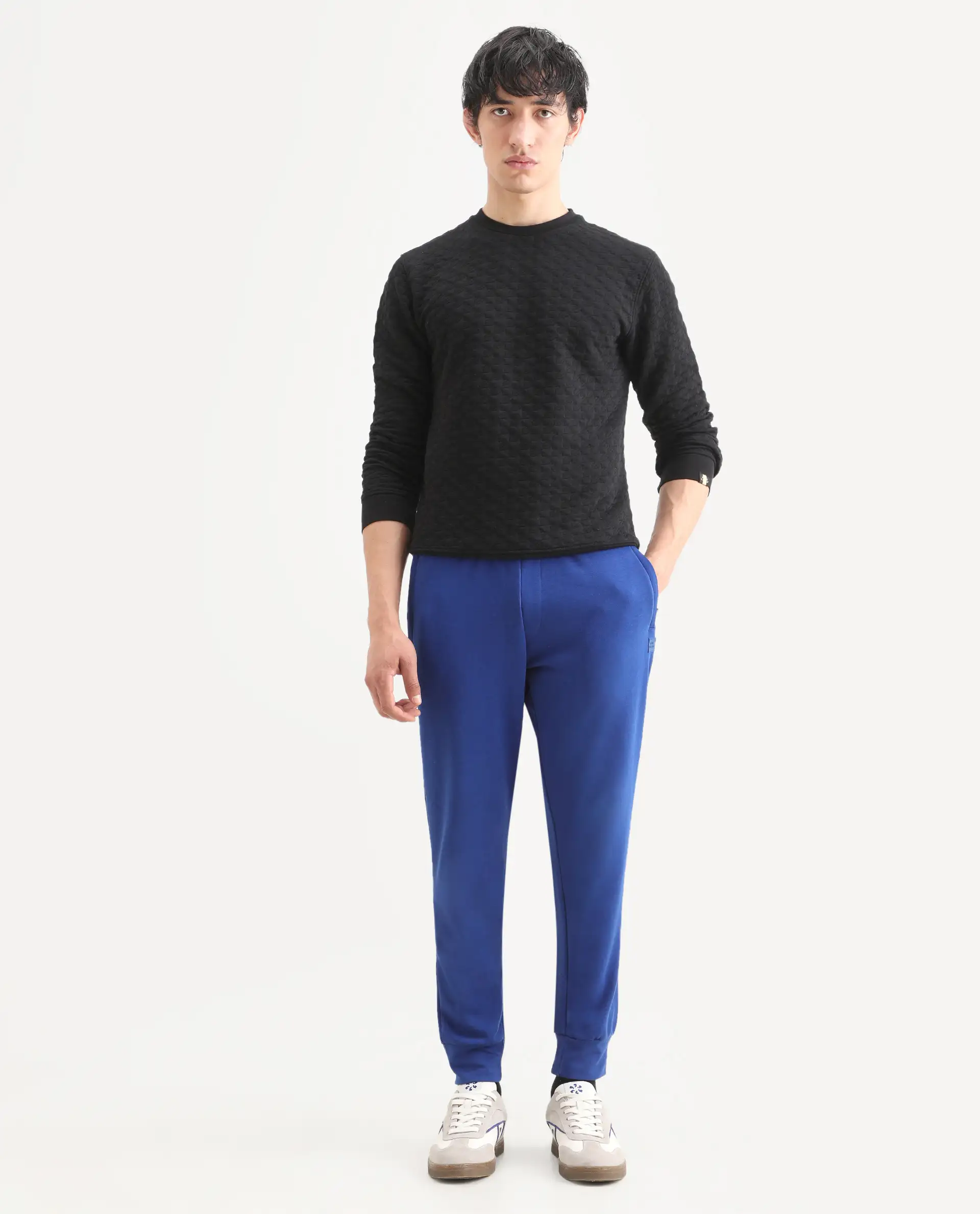 Rare Rabbit Men's Titan Blue Cotton Plain Regular Fit Joggers - Image 2